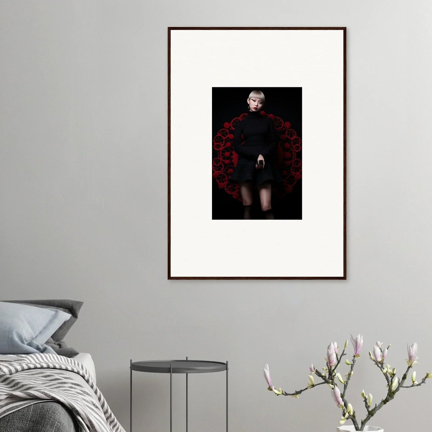 Framed dark portrait with red flowers, Obsidian Lace Waltz special edition art™ design