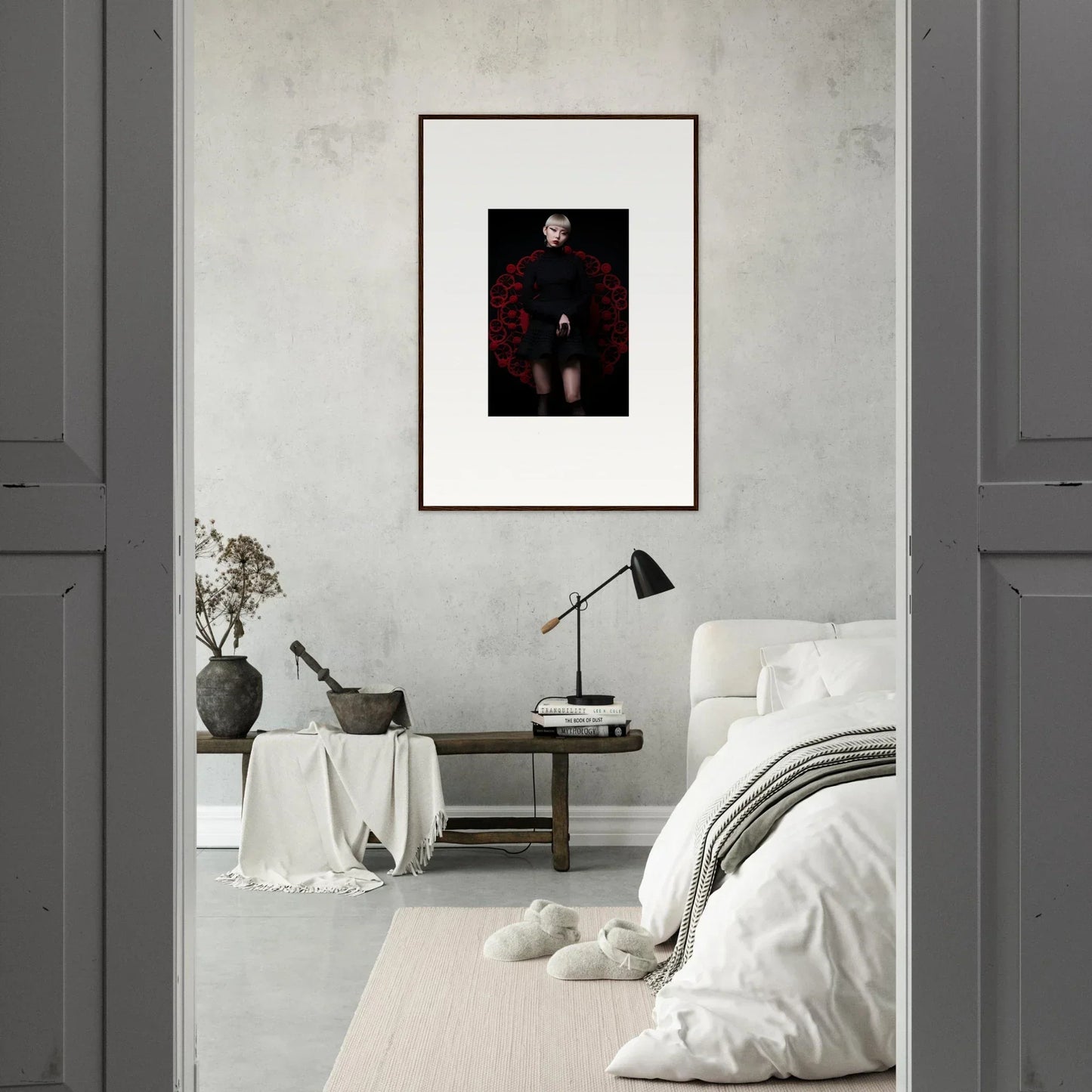 Framed Obsidian Lace Waltz artwork in black and red on a light gray wall