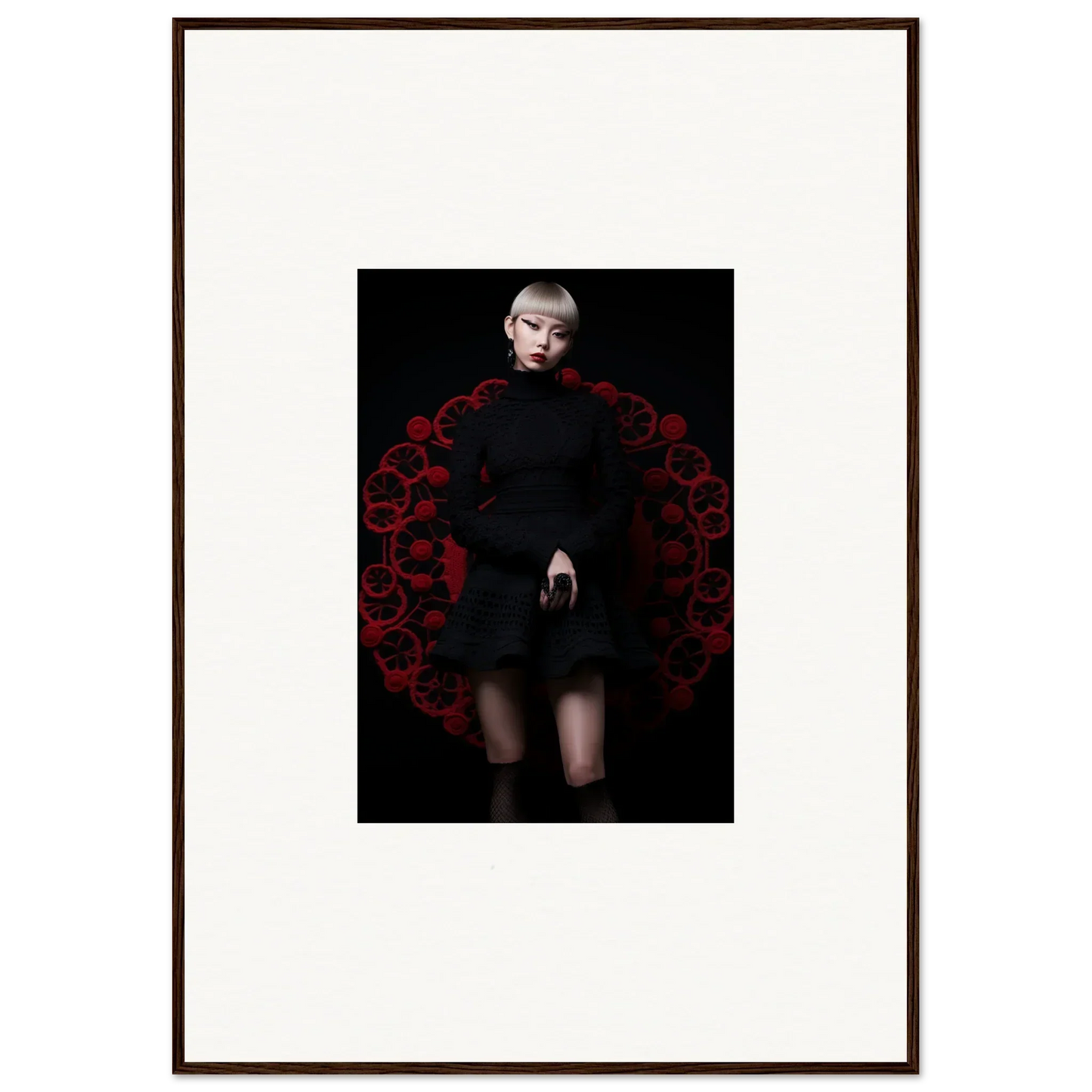 Figure in black dress surrounded by deep red roses in Obsidian Lace Waltz art