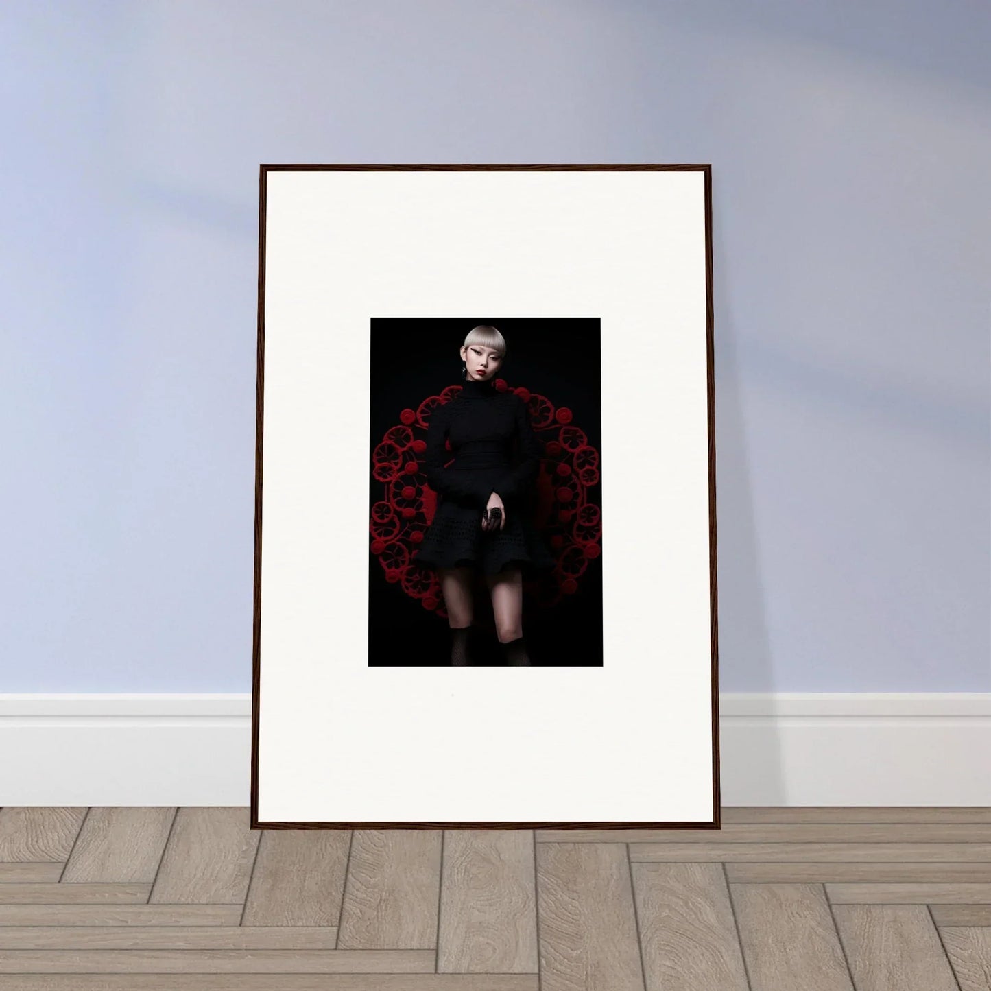 Framed portrait of Obsidian Lace Waltz in black attire on dark red background
