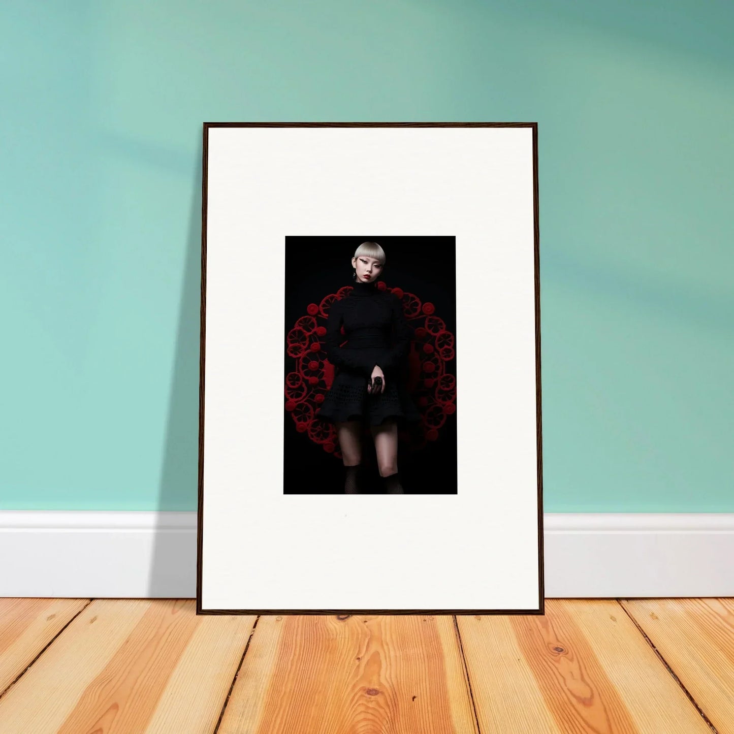 Framed black and white photo of Obsidian Lace Waltz with red floral arch