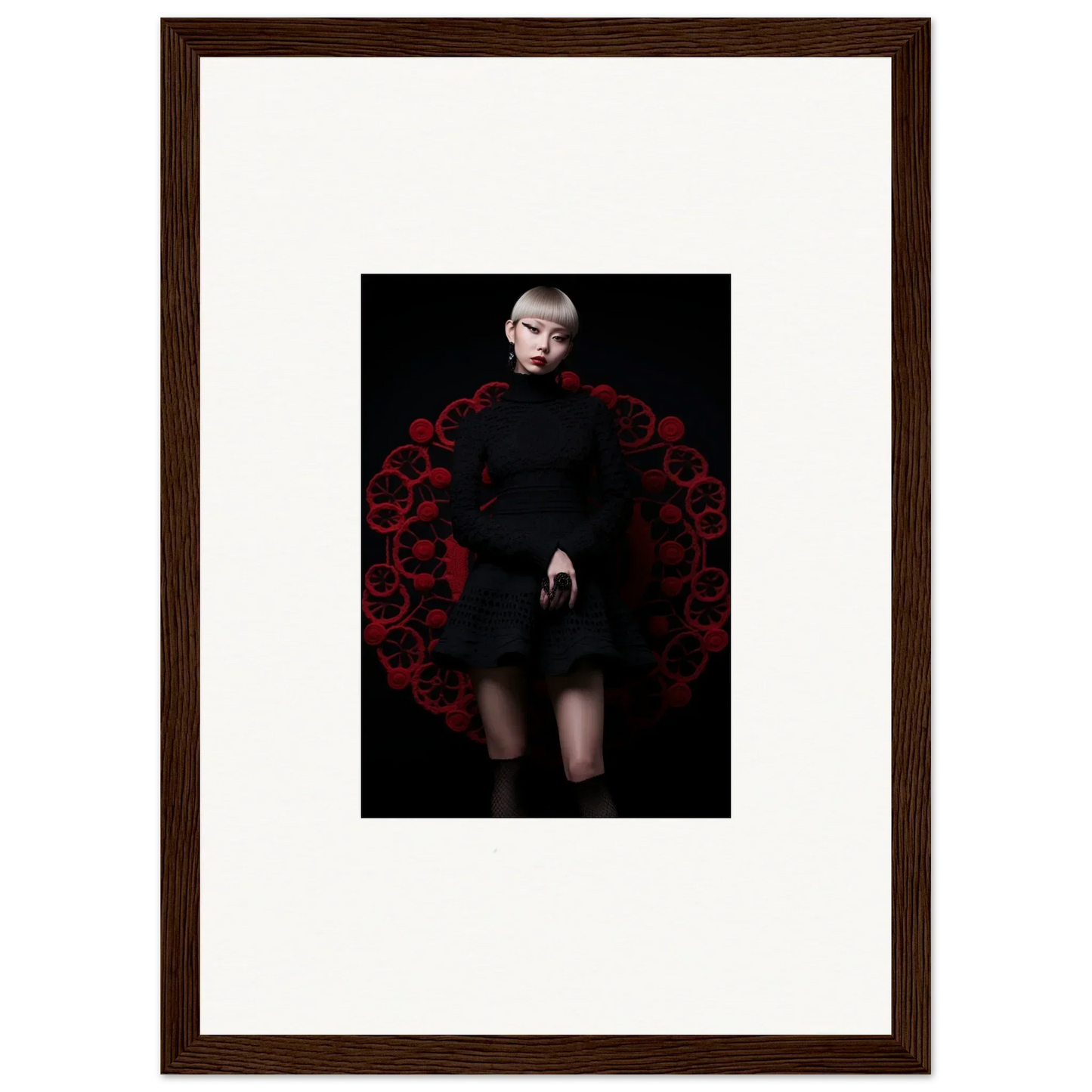 Framed portrait of Obsidian Lace Waltz with figure in black and red design elements