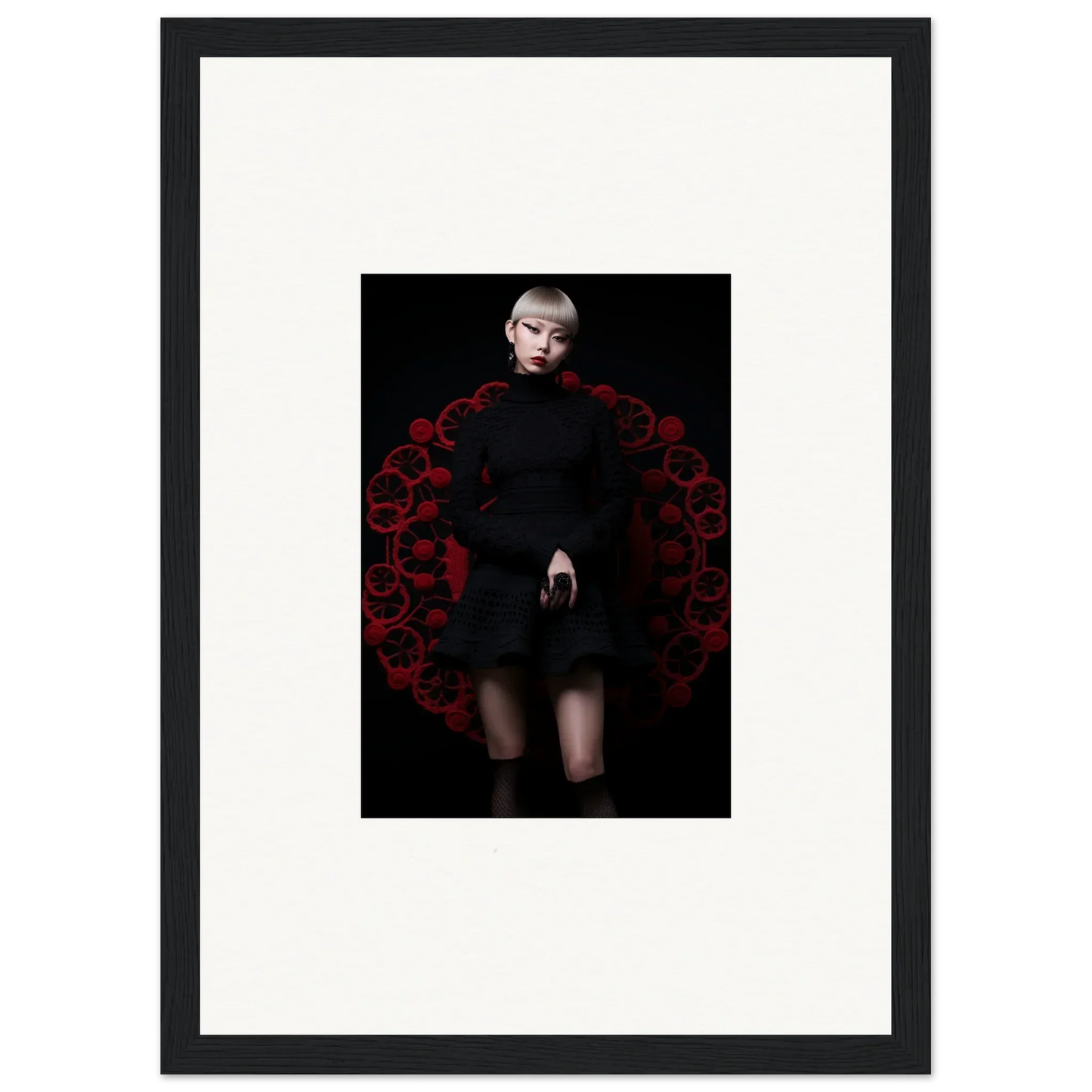 Artistic portrait of a figure in black dress with red patterns, Obsidian Lace Waltz