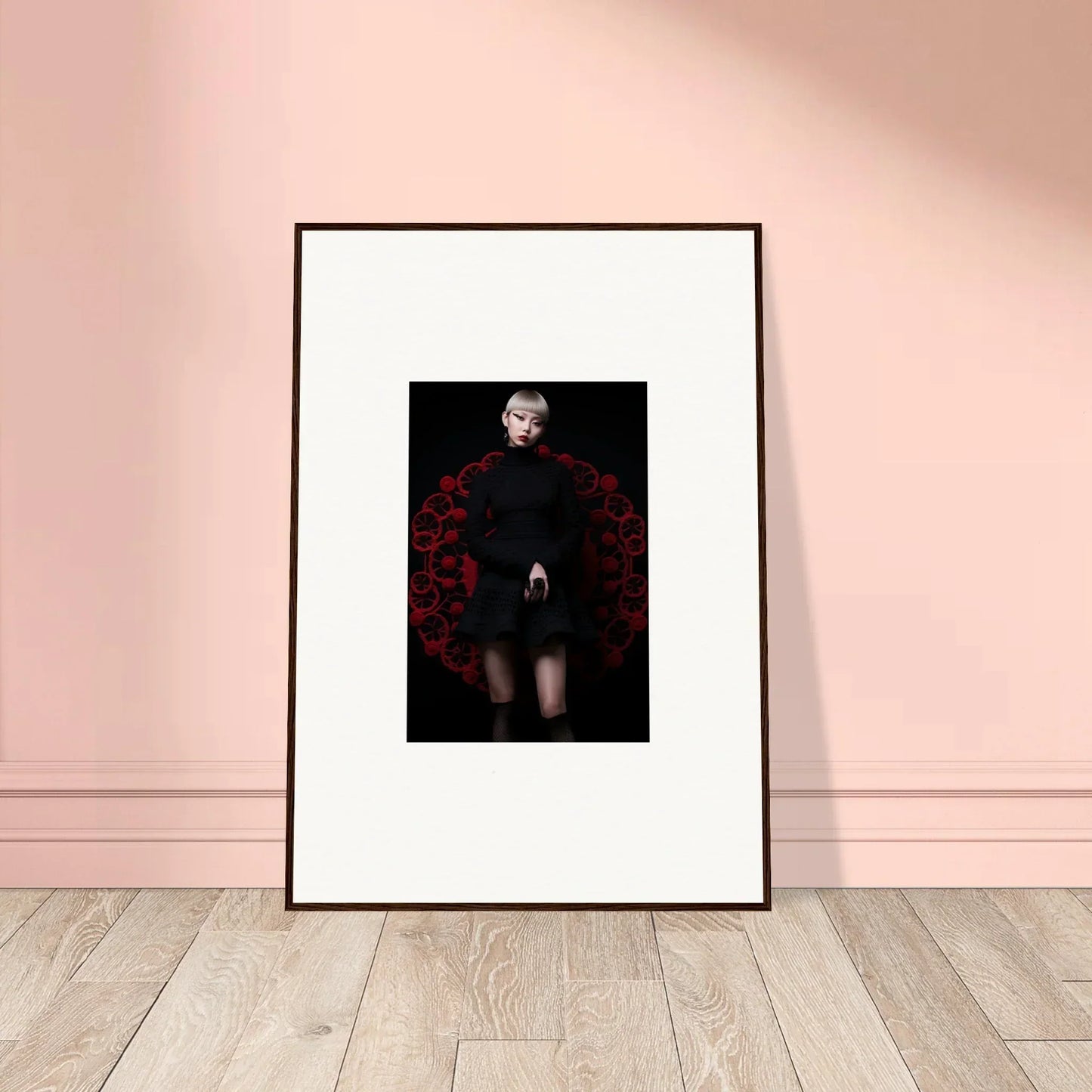 Framed portrait of a figure in black with deep red florals from Obsidian Lace Waltz