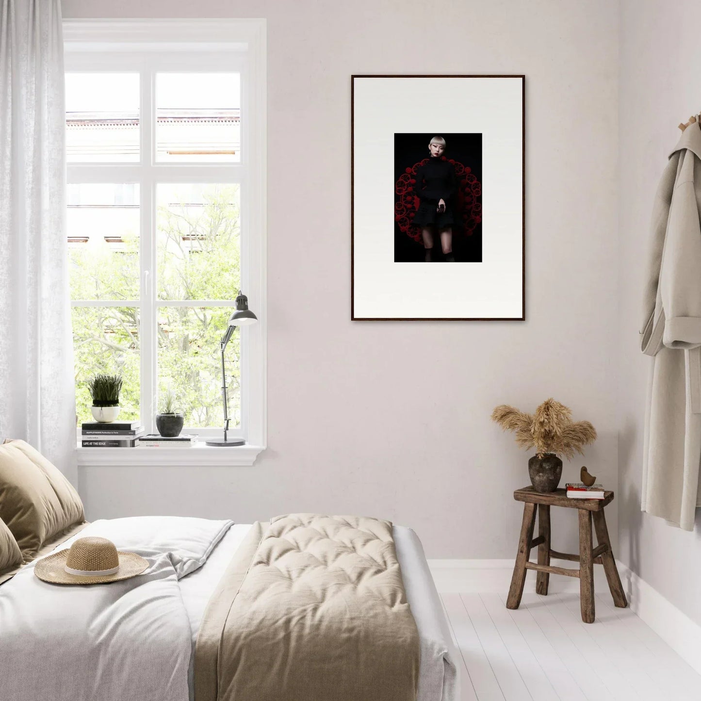 Minimalist bedroom with neutral tones and natural light featuring Obsidian Lace Waltz
