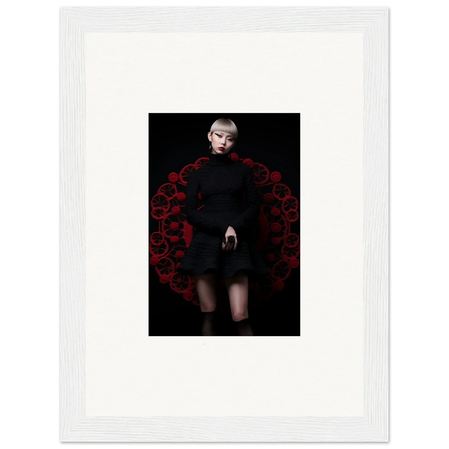 A stunning figure in black dress among red roses, Obsidian Lace Waltz artwork