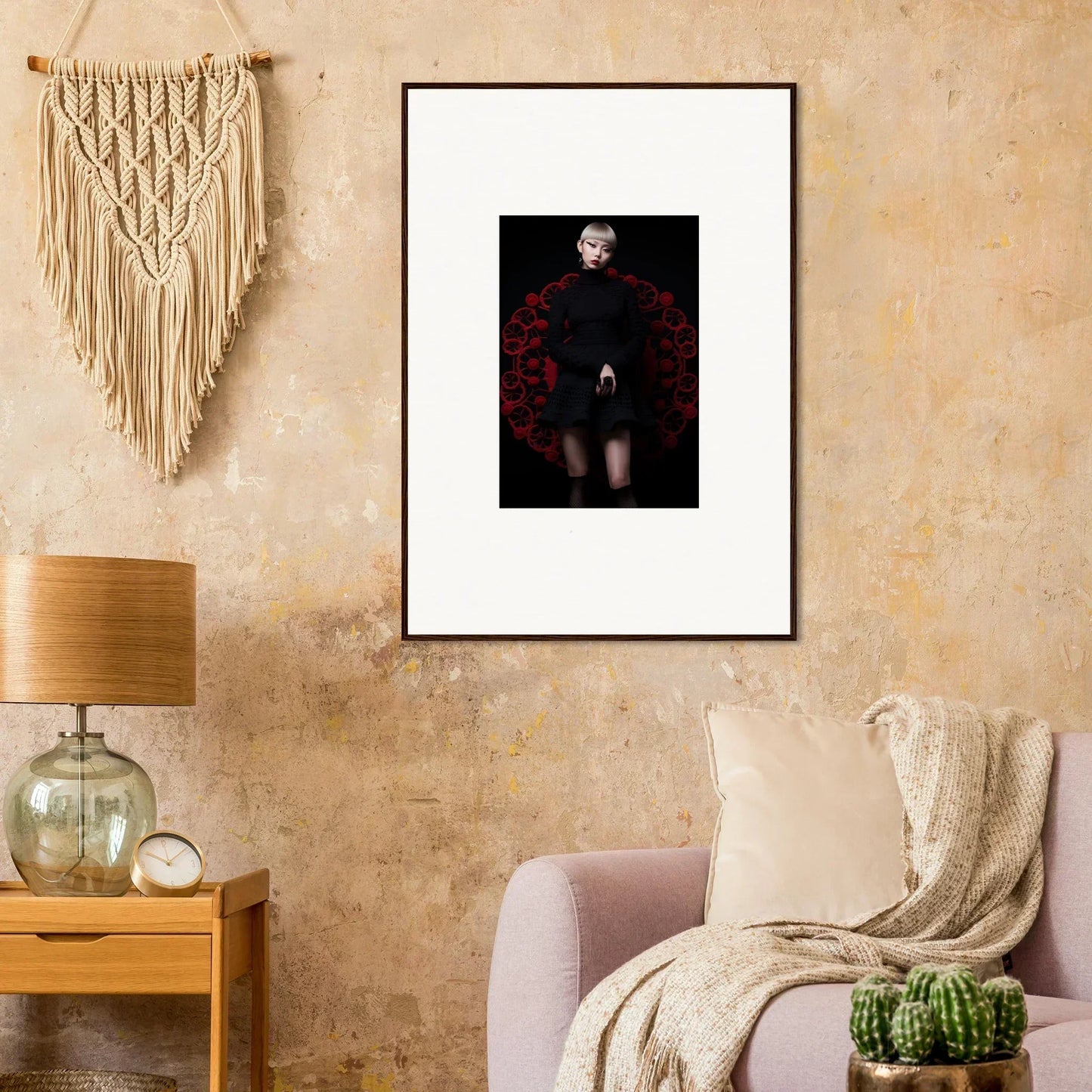 Framed black and white photo of a dark figure on a red floral background, Obsidian Lace Waltz