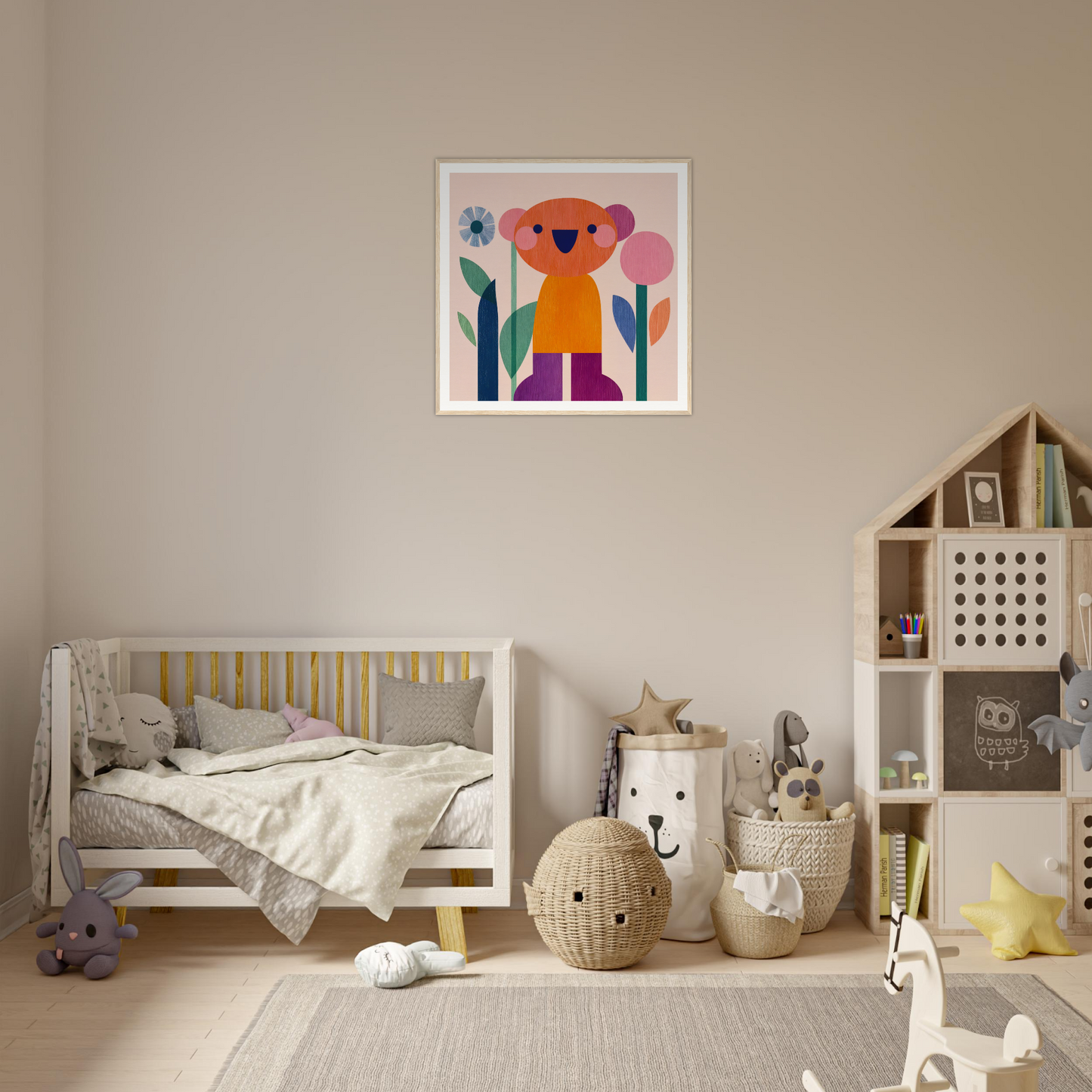 White wooden crib with gray bedding and yellow accents from the Orange Joy special edition