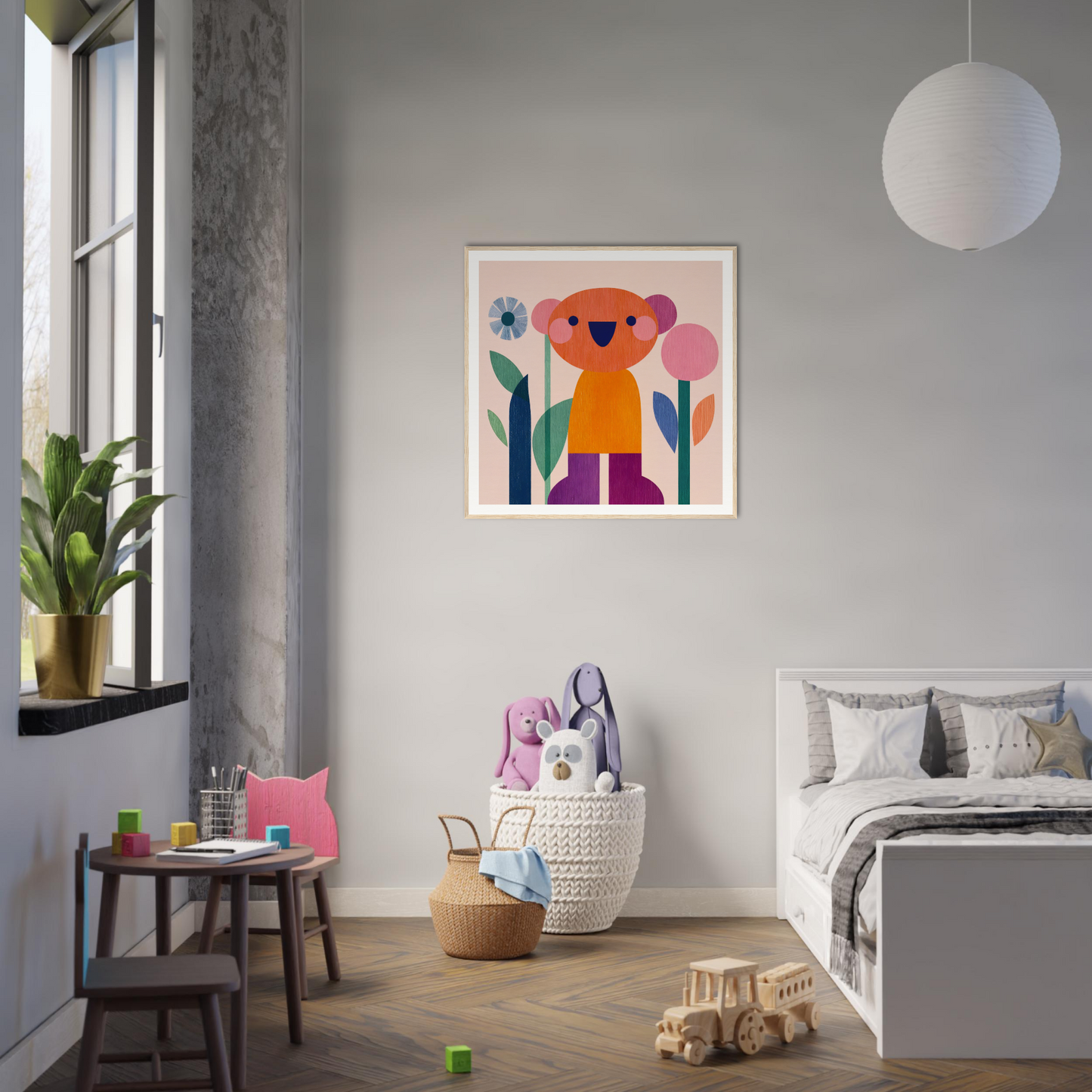 Framed canvas illustration of Orange Joy, a special edition orange bear with flowers
