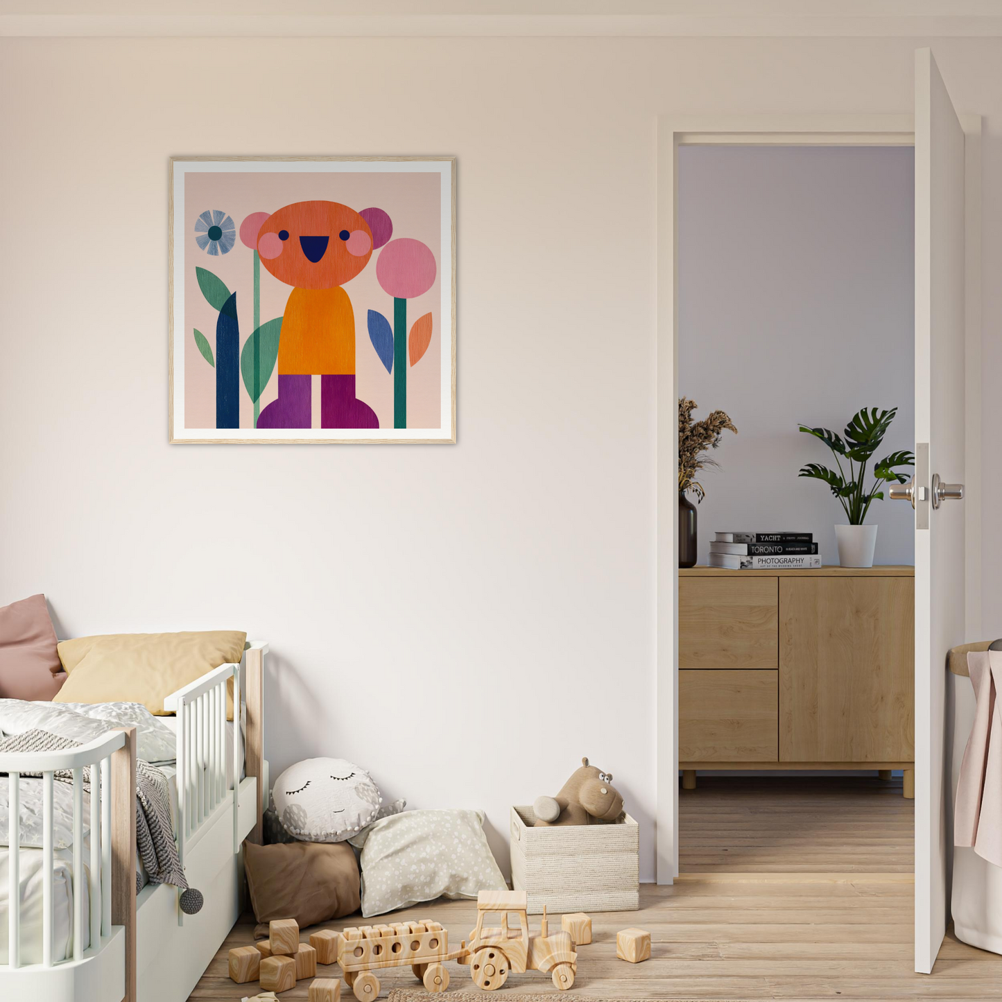 Framed canvas of a cheerful bear in yellow and purple clothes among blue flowers, Orange Joy special edition