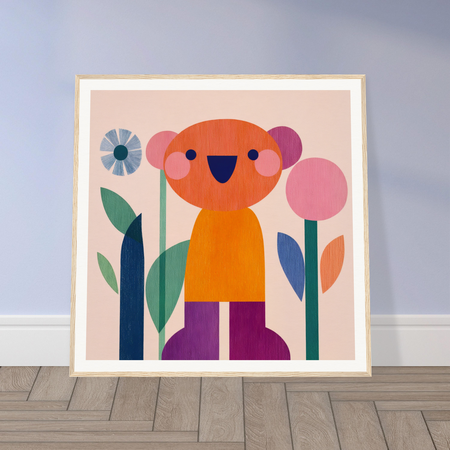 Cheerful orange cartoon koala amid geometric flowers in Orange Joy special edition framed canvas