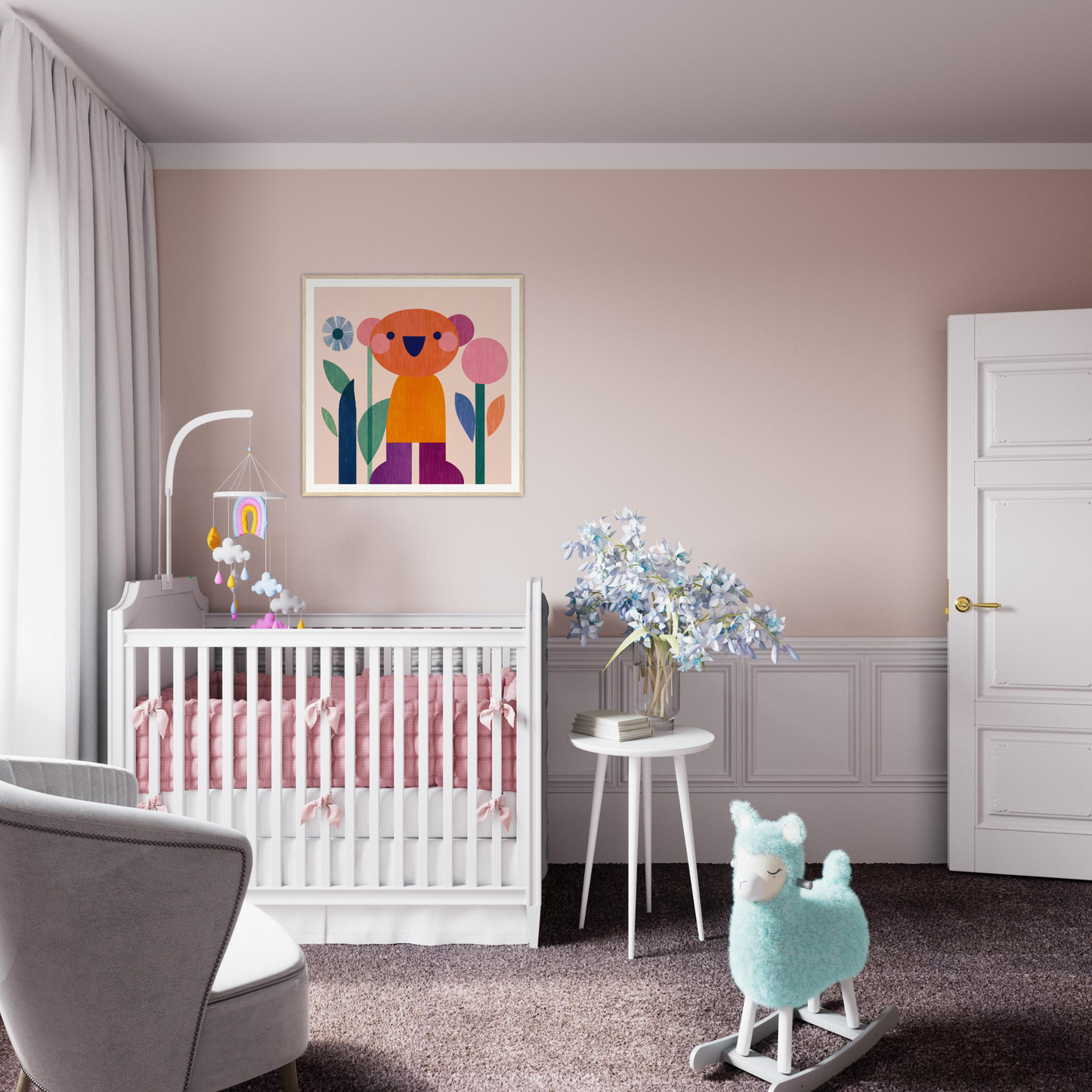 White wooden crib with pink bedding in the Orange Joy special edition framed canvas