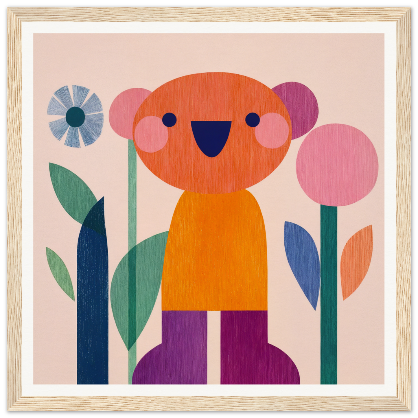 Cheerful cartoon bear among flowers in Orange Joy framed canvas, special edition