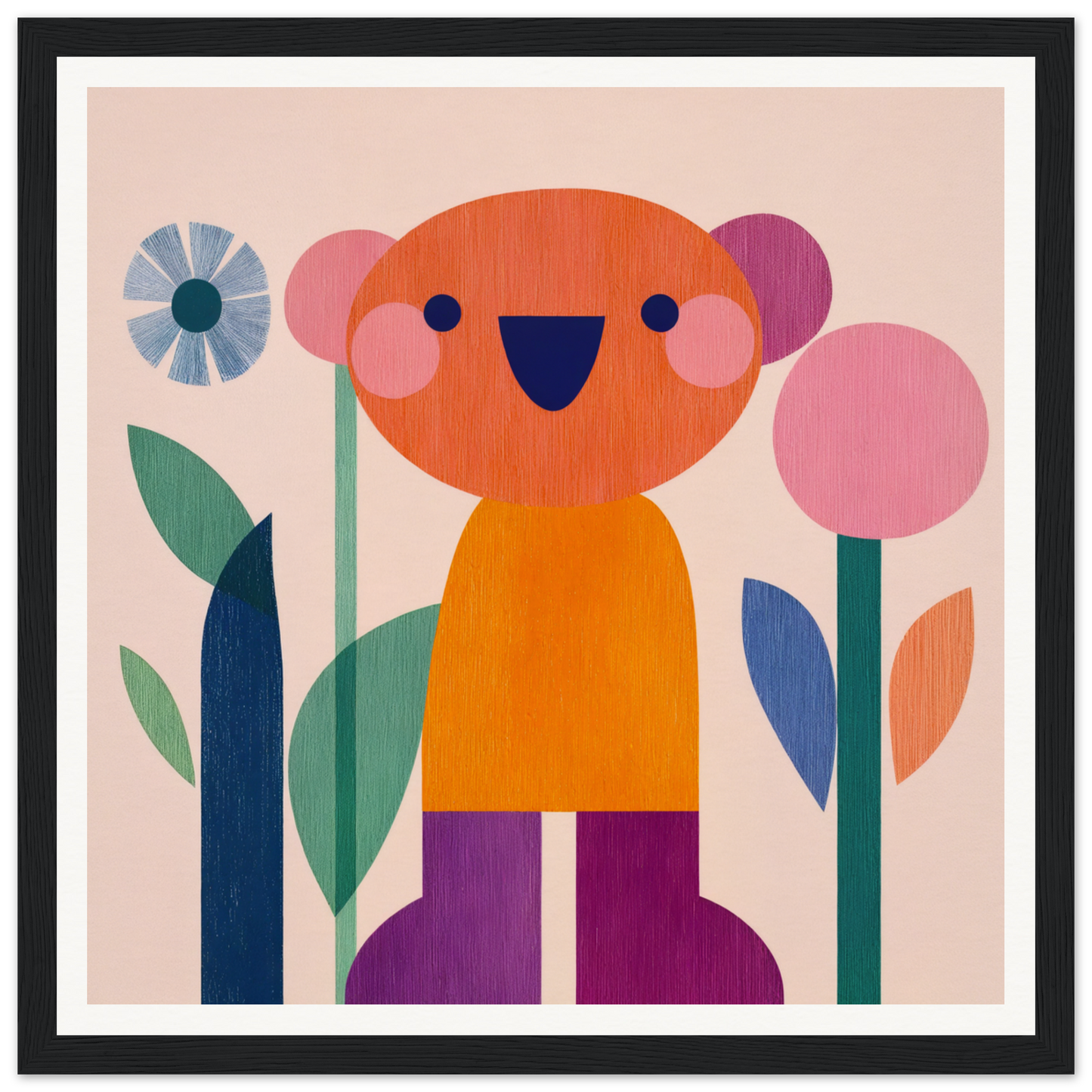 Cheerful orange bear character in Orange Joy Carousel framed canvas with flowers