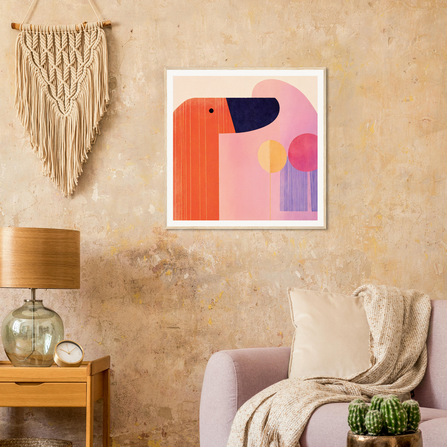 Modern abstract art print with geometric shapes in coral, pink, navy, and purple colors