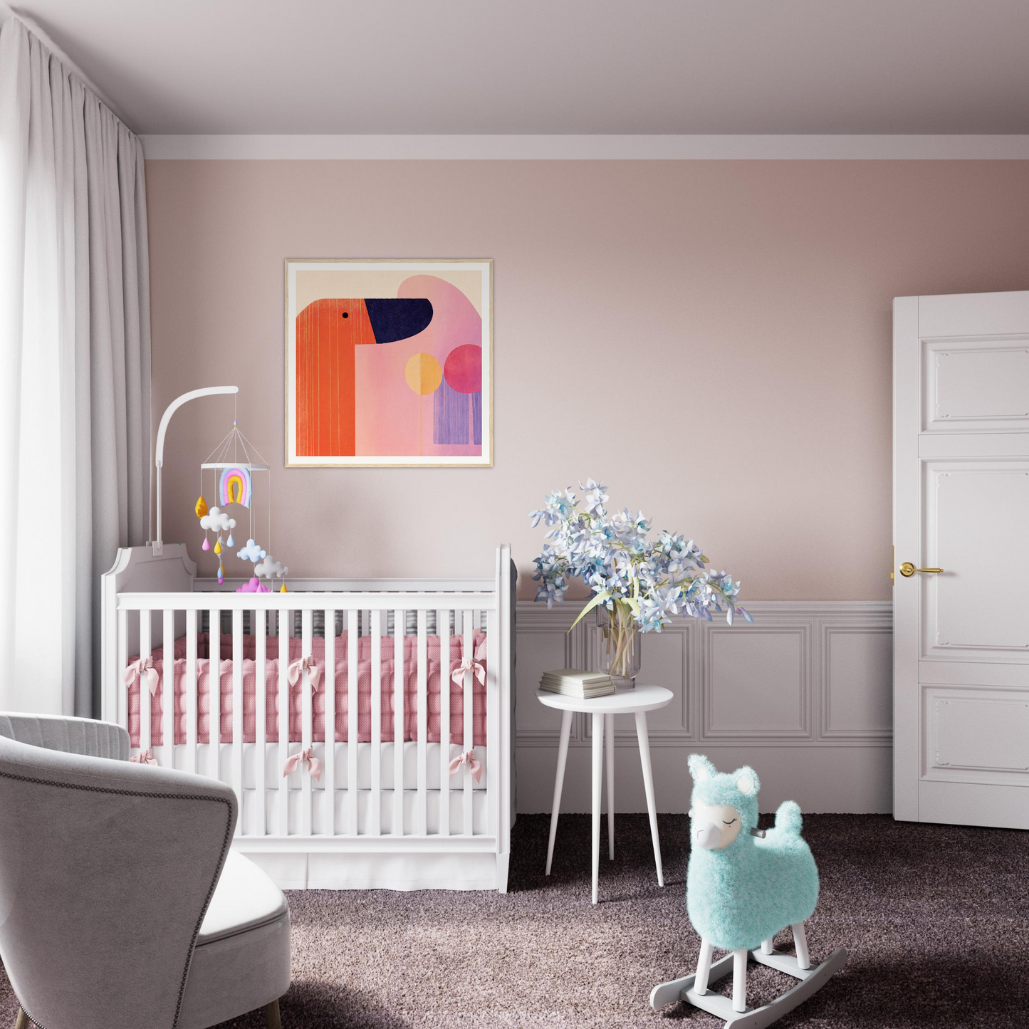White wooden crib with pink bedding from Orbs’ Special Edition Art collection