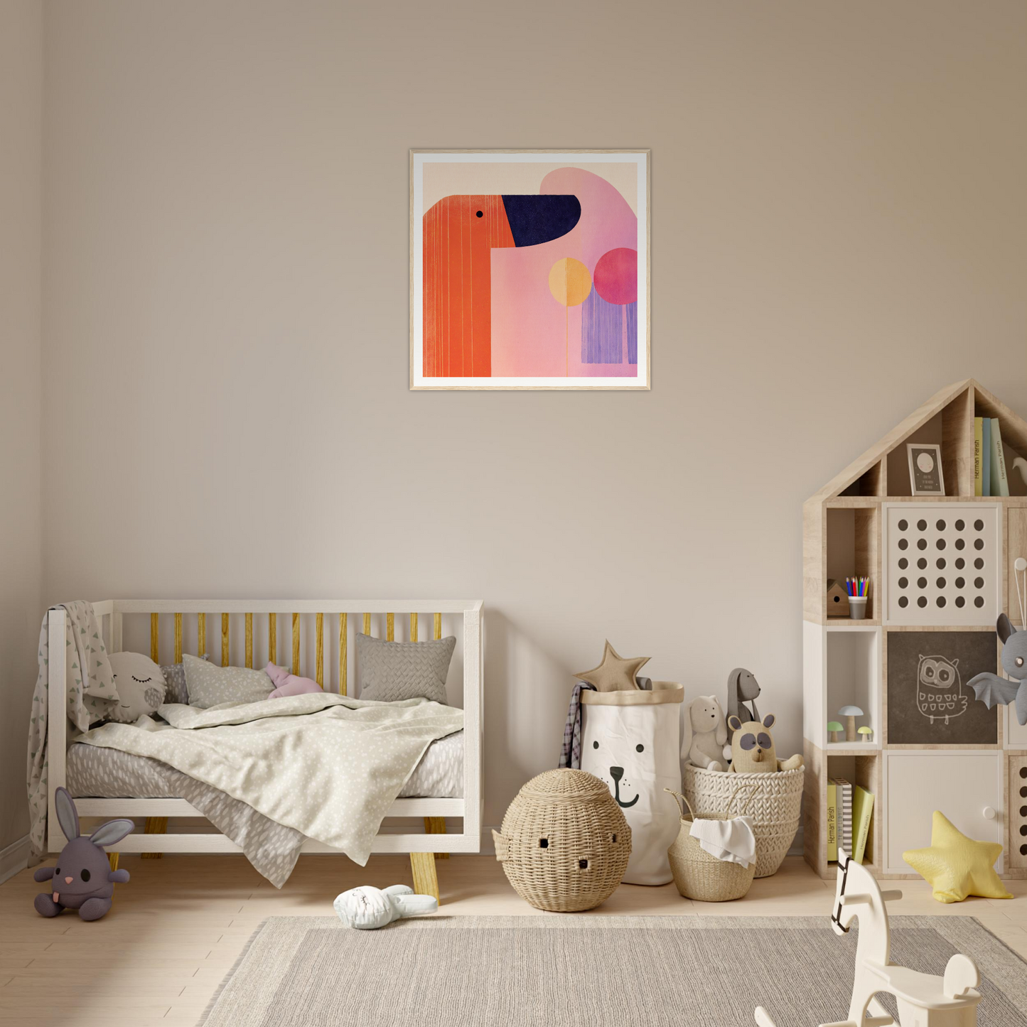 Modern wooden crib with gray bedding and yellow spindles from Orbs special edition art™
