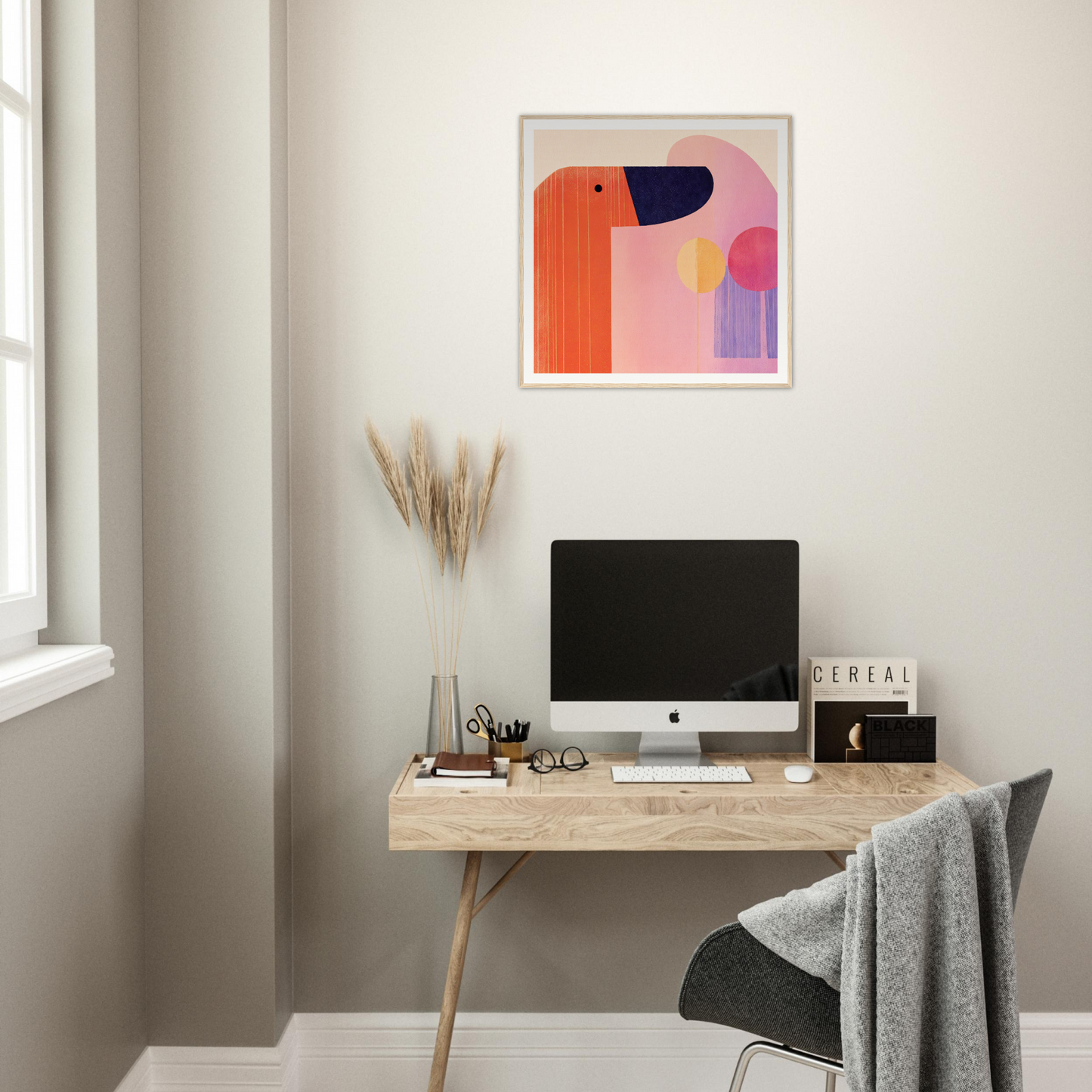 Modern iMac on wooden desk in special edition art™ Orbs Whimsical Frolic display