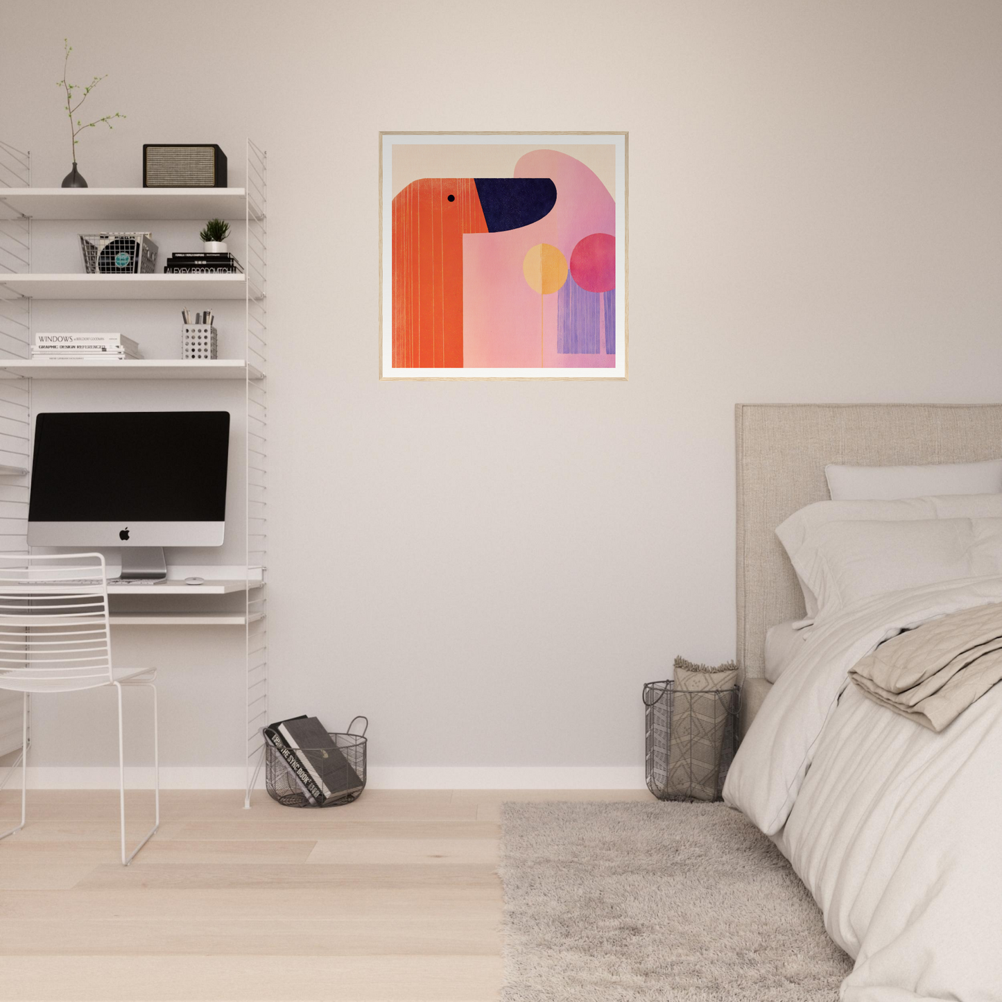 Modern bedroom workspace with iMac setup and floating shelves from Orbs Special Edition Art