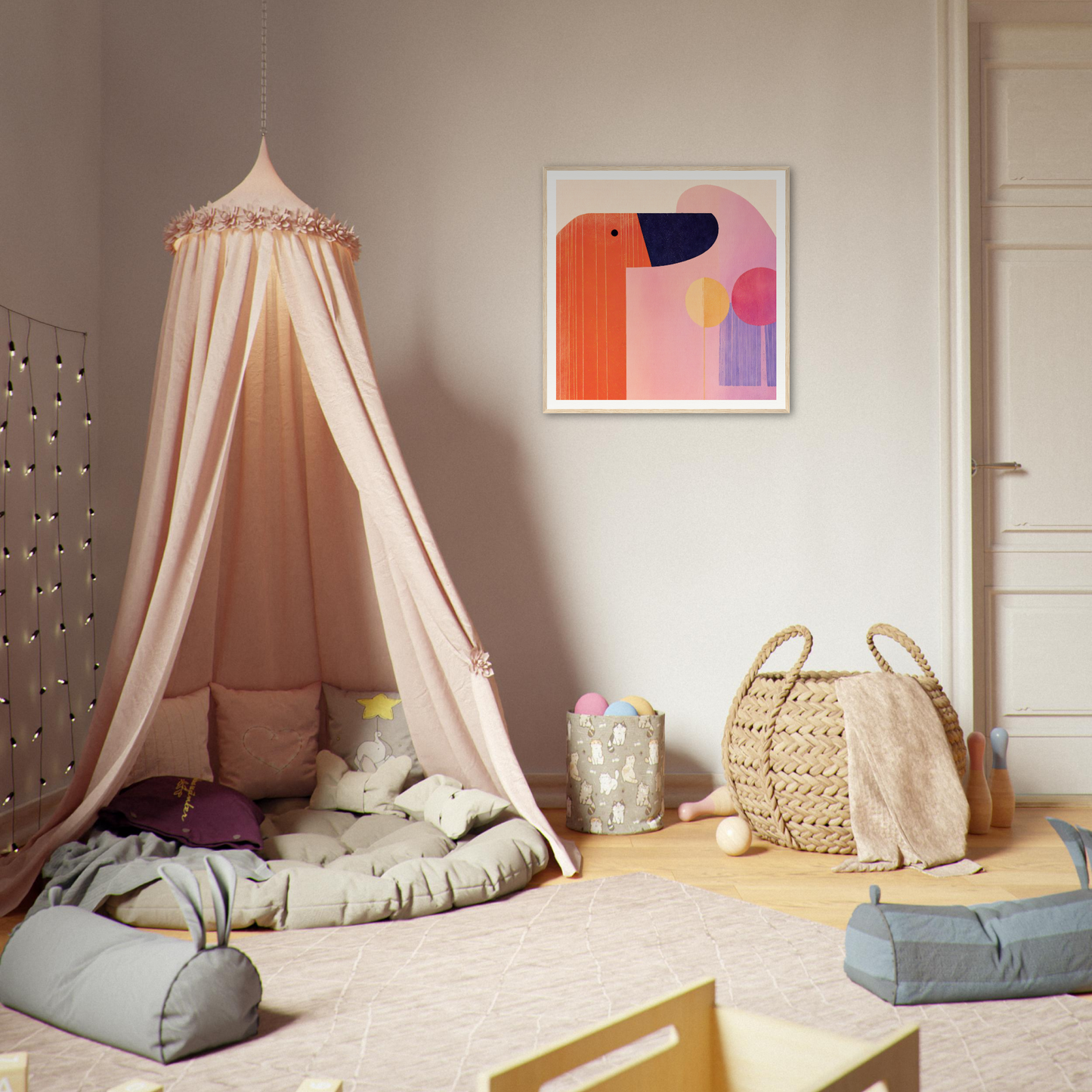 Peach-colored canopy tent with draped fabric in Orbs special edition art design
