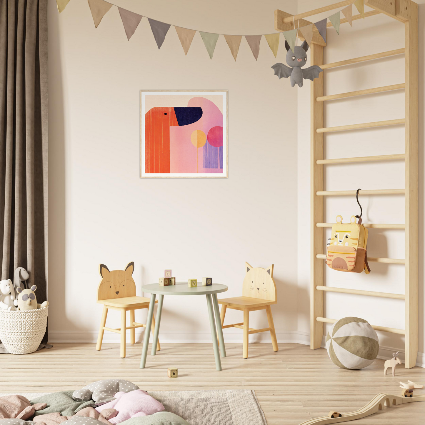 Children’s play area featuring Orbs special edition art™ with animal-themed chairs and table