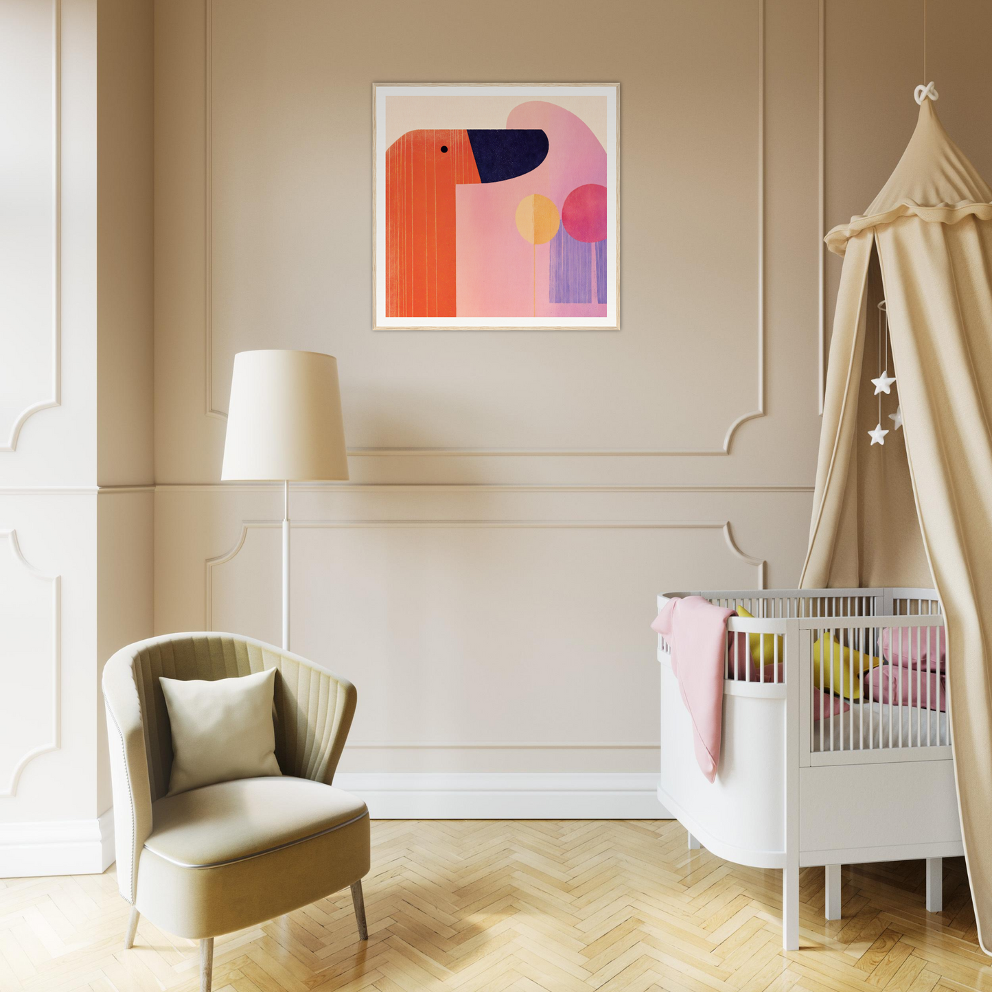 Modern nursery featuring a white crib and special edition art™ by Orbs Whimsical Frolic