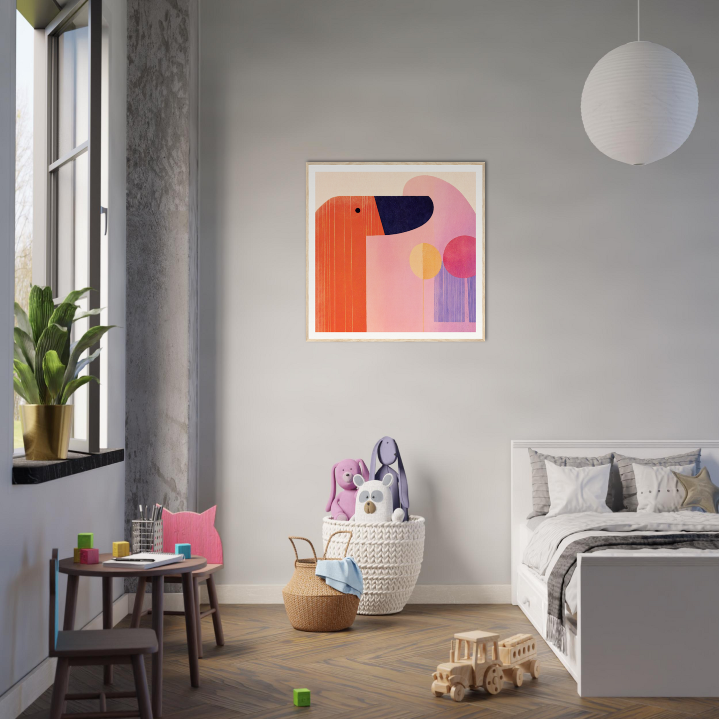 Modern bedroom showcasing Orbs special edition art with orange, pink, and navy shapes