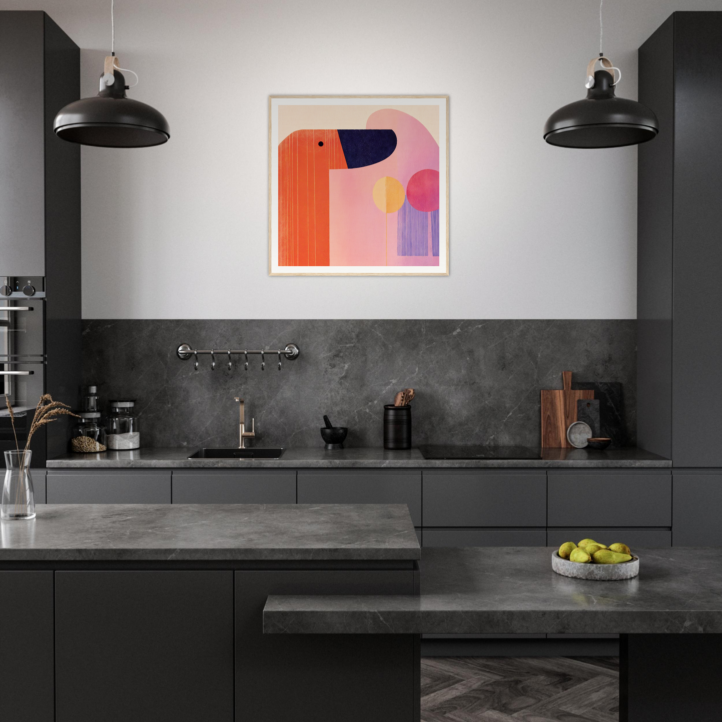 Modern dark kitchen featuring geometric abstract artwork from the special edition art collection