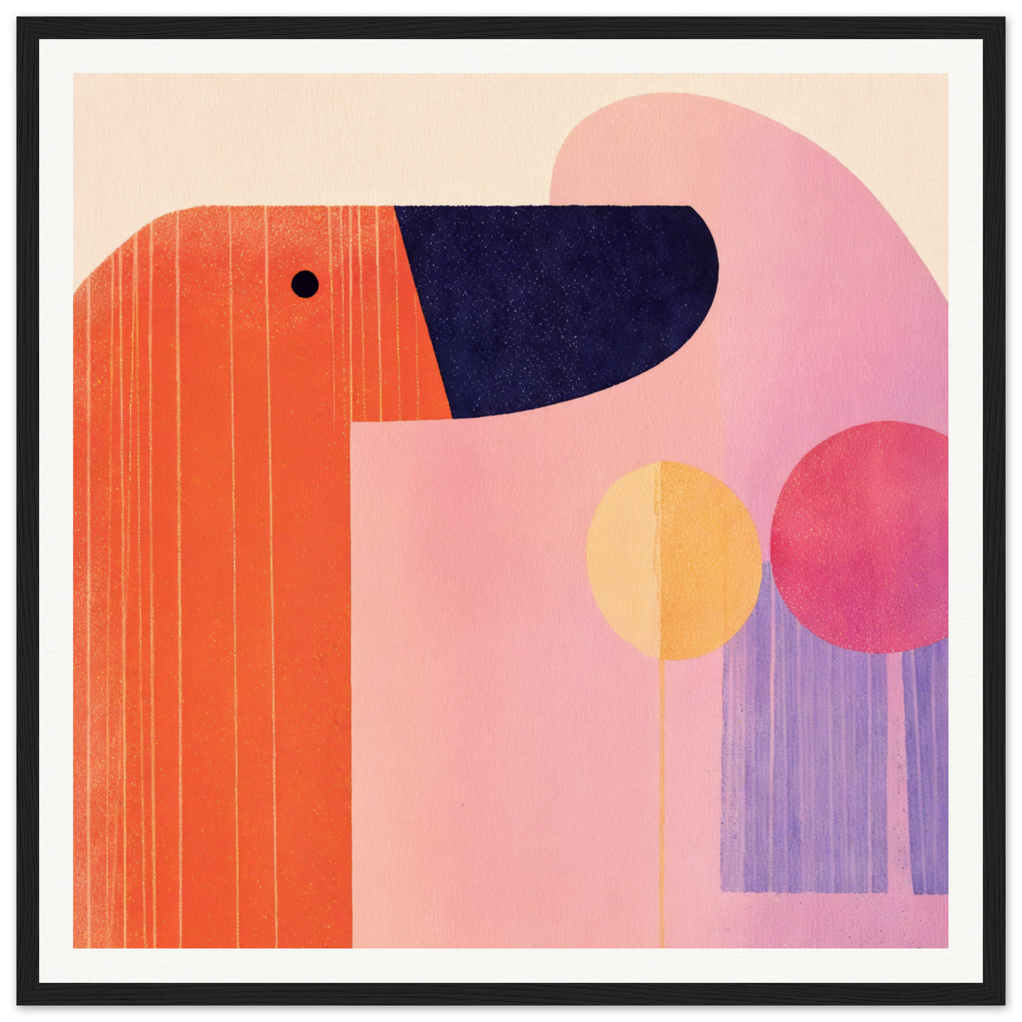 Minimalist geometric illustration of a dog’s head in orange and navy for special edition art