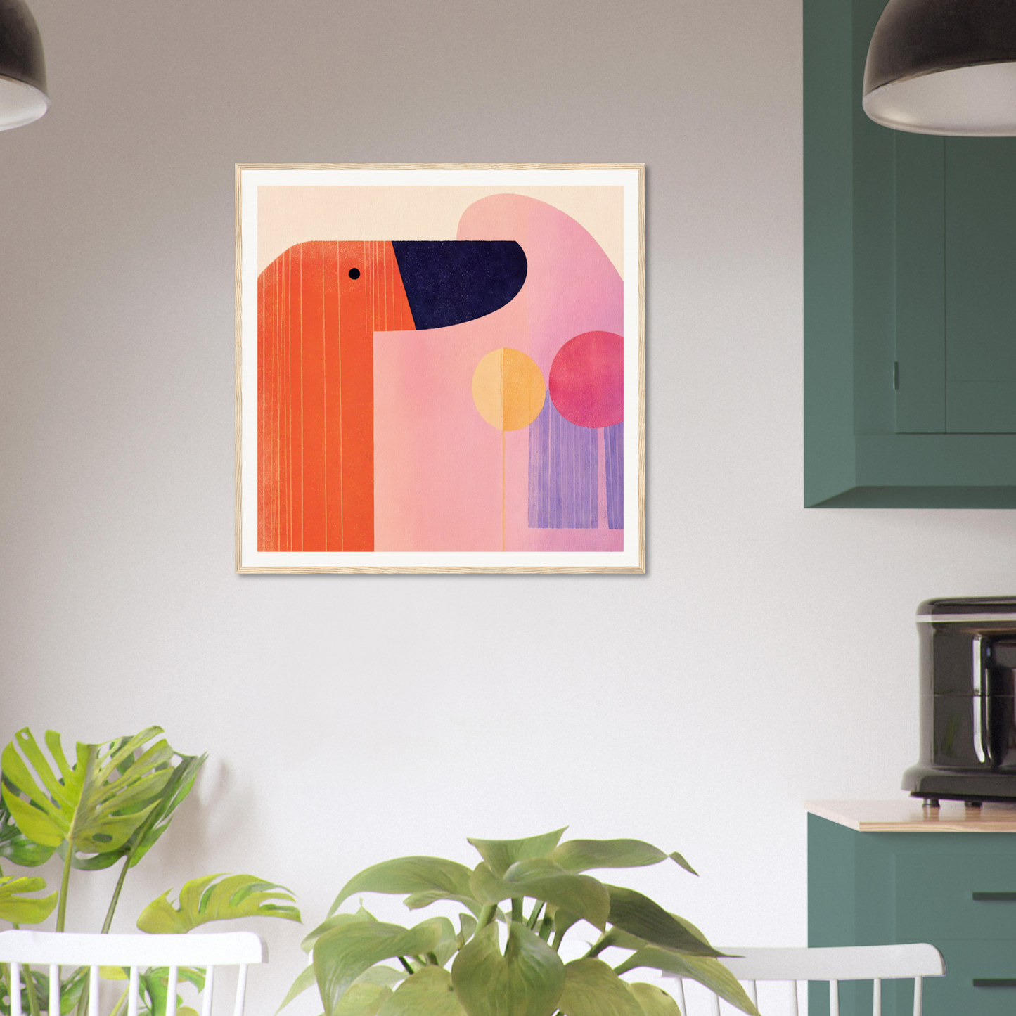 Abstract art print ’Orbs’ Whimsical Frolic with geometric shapes in coral and navy tones, special edition art™