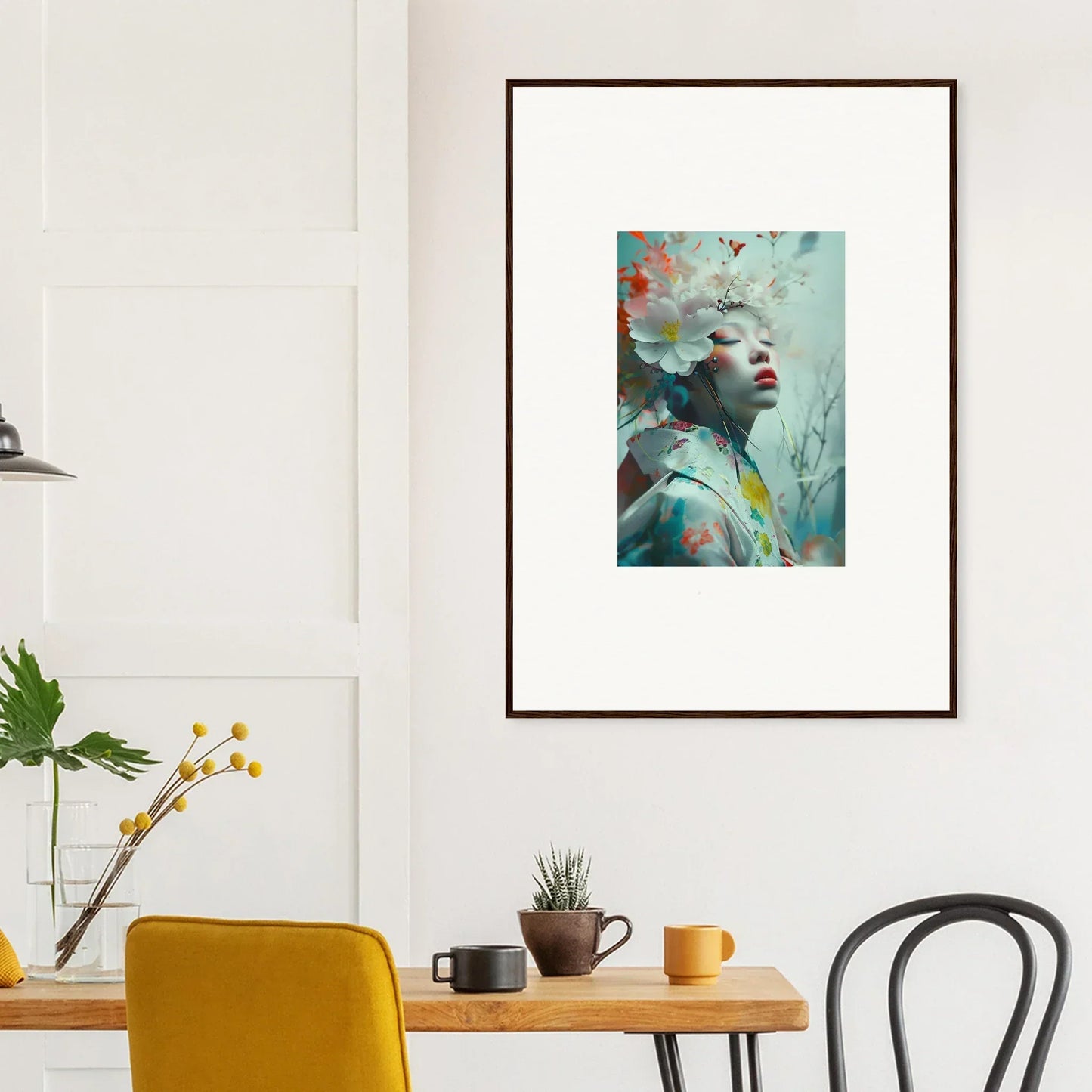 Framed abstract portrait painting in teal and orange for unique room decor with Dream Petals