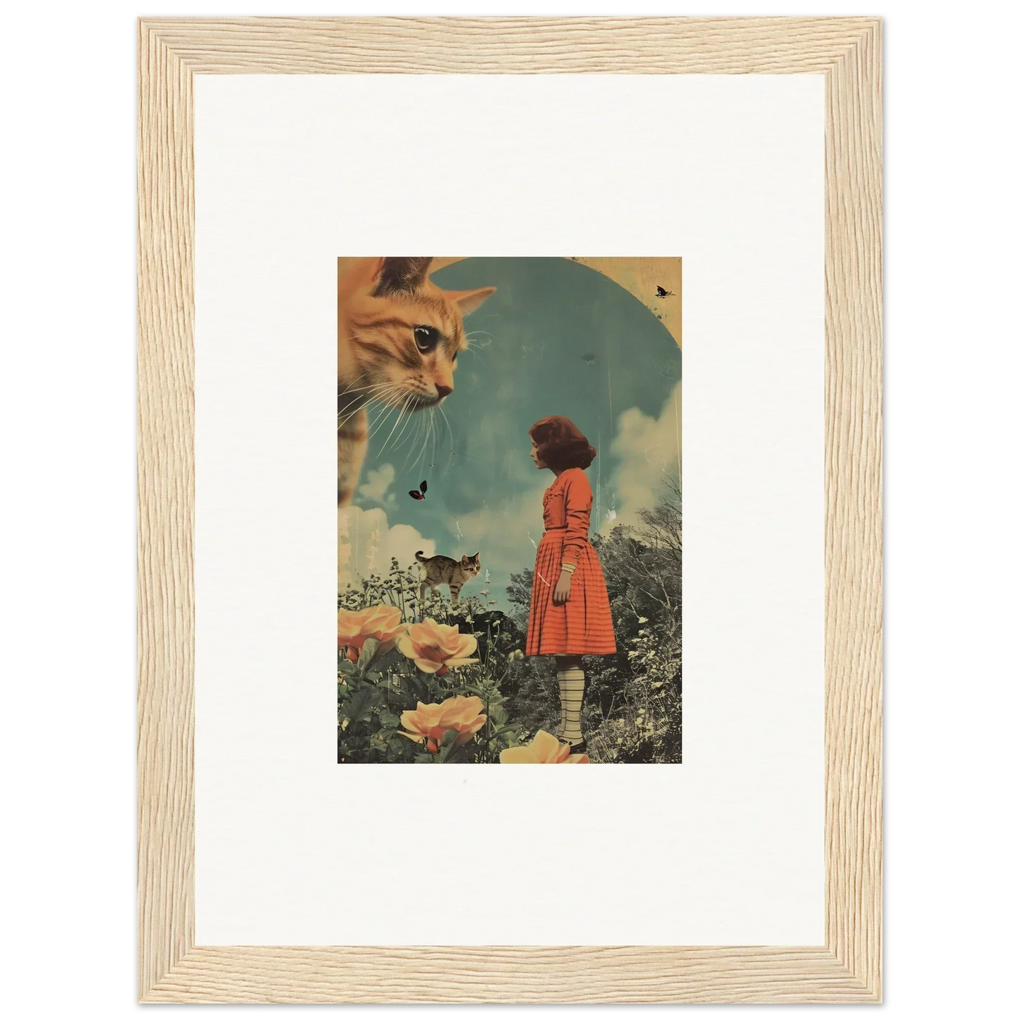 Framed surrealist wall art of a giant cat’s face in the sky, perfect room decor