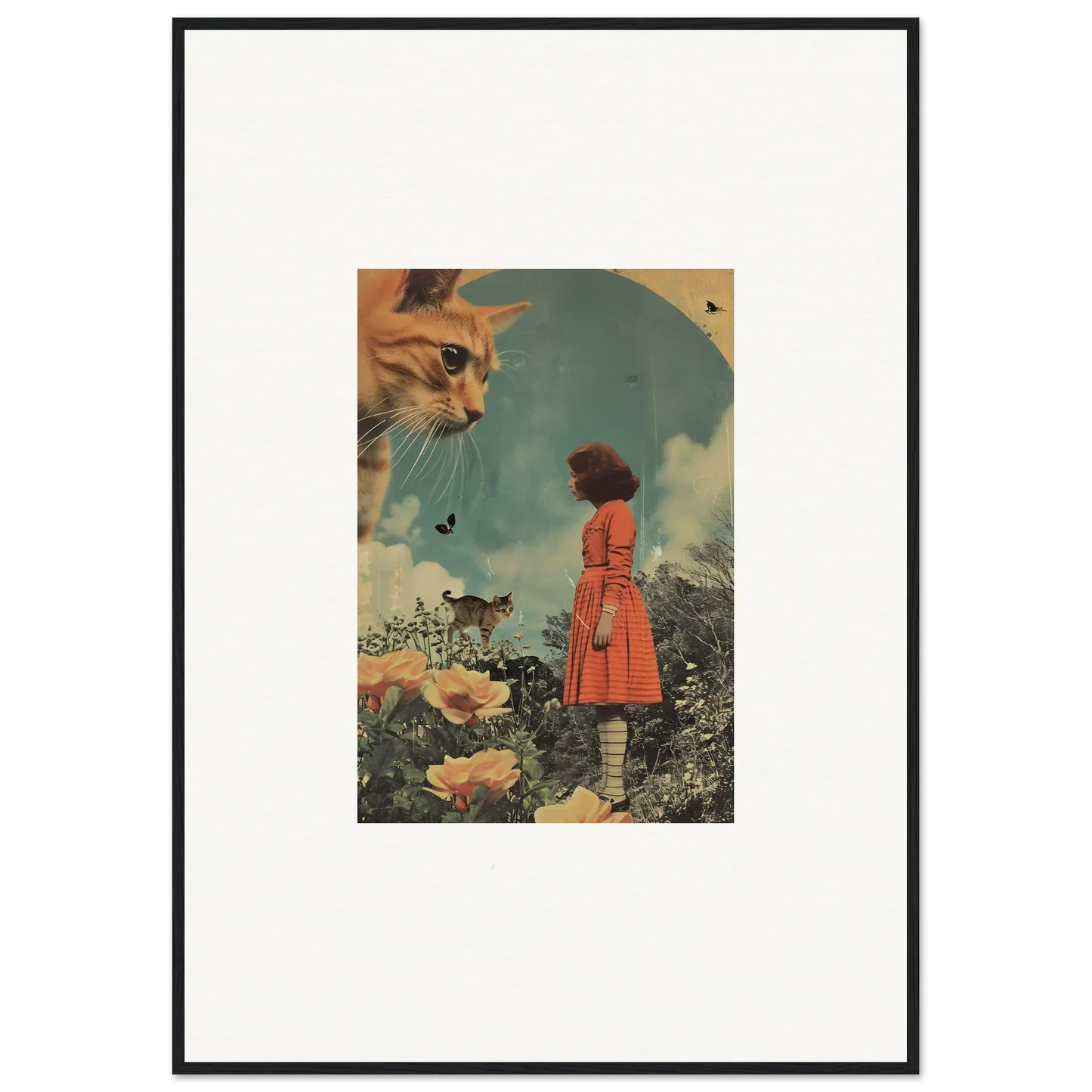Surreal collage of a giant cat’s face in the sky, perfect for Kern Moment room decor