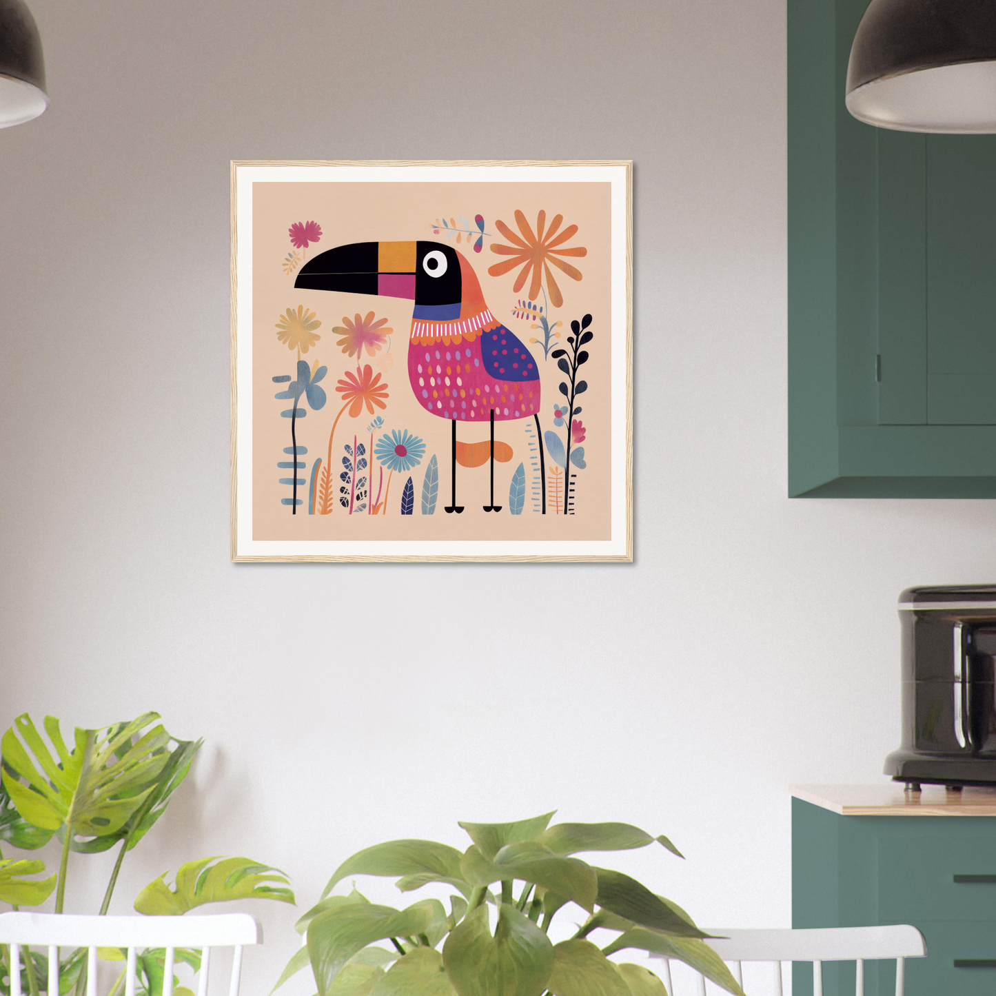 Colorful folk art illustration of a toucan in Paradise Feathers Quake design