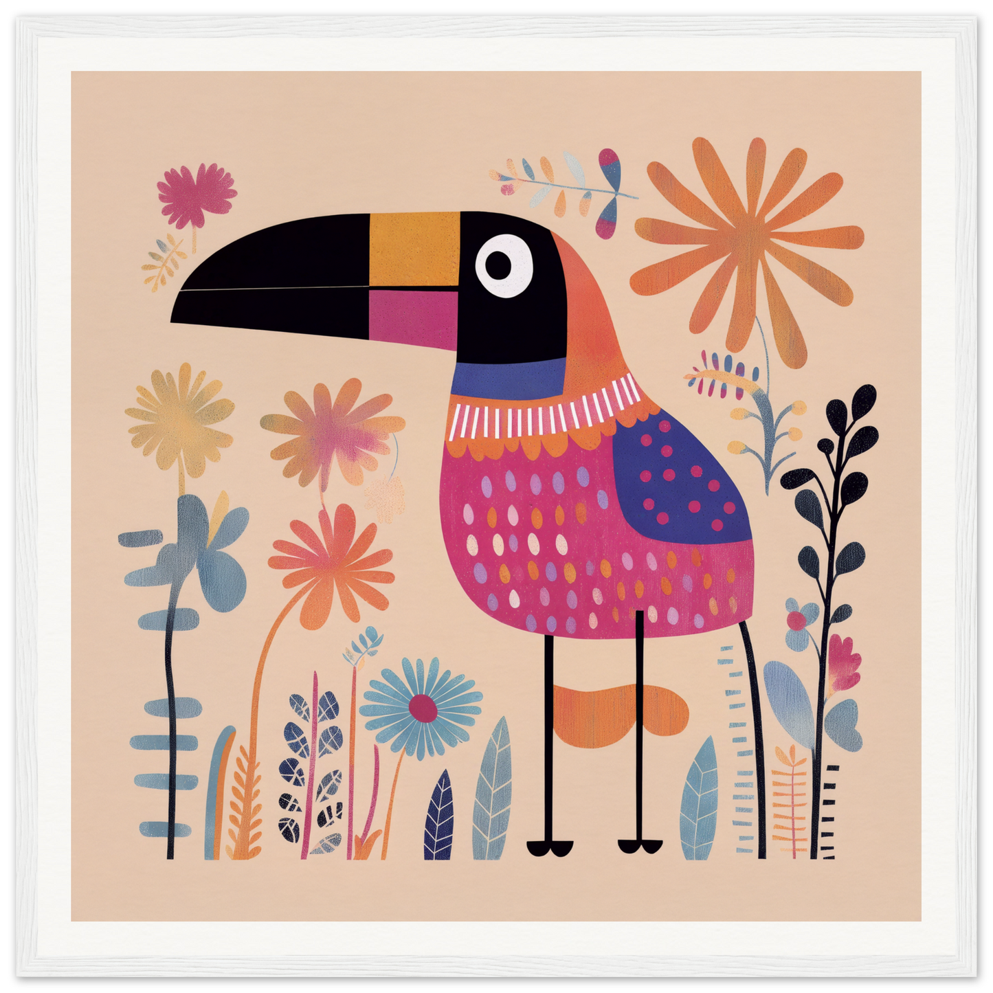 Colorful toucan in striped sweater showcasing Paradise Feathers Quake design