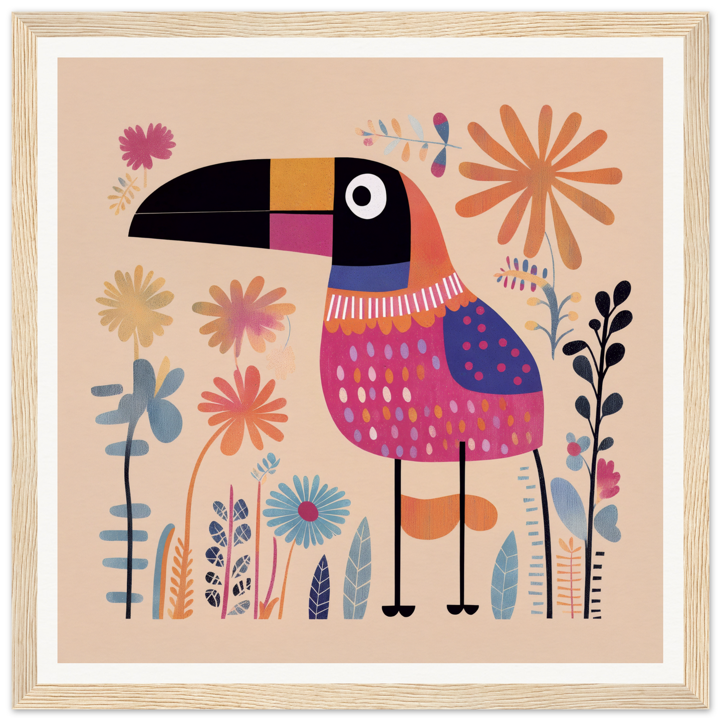 Colorful toucan with pink and blue feathers in a striped collar from Paradise Feathers Quake