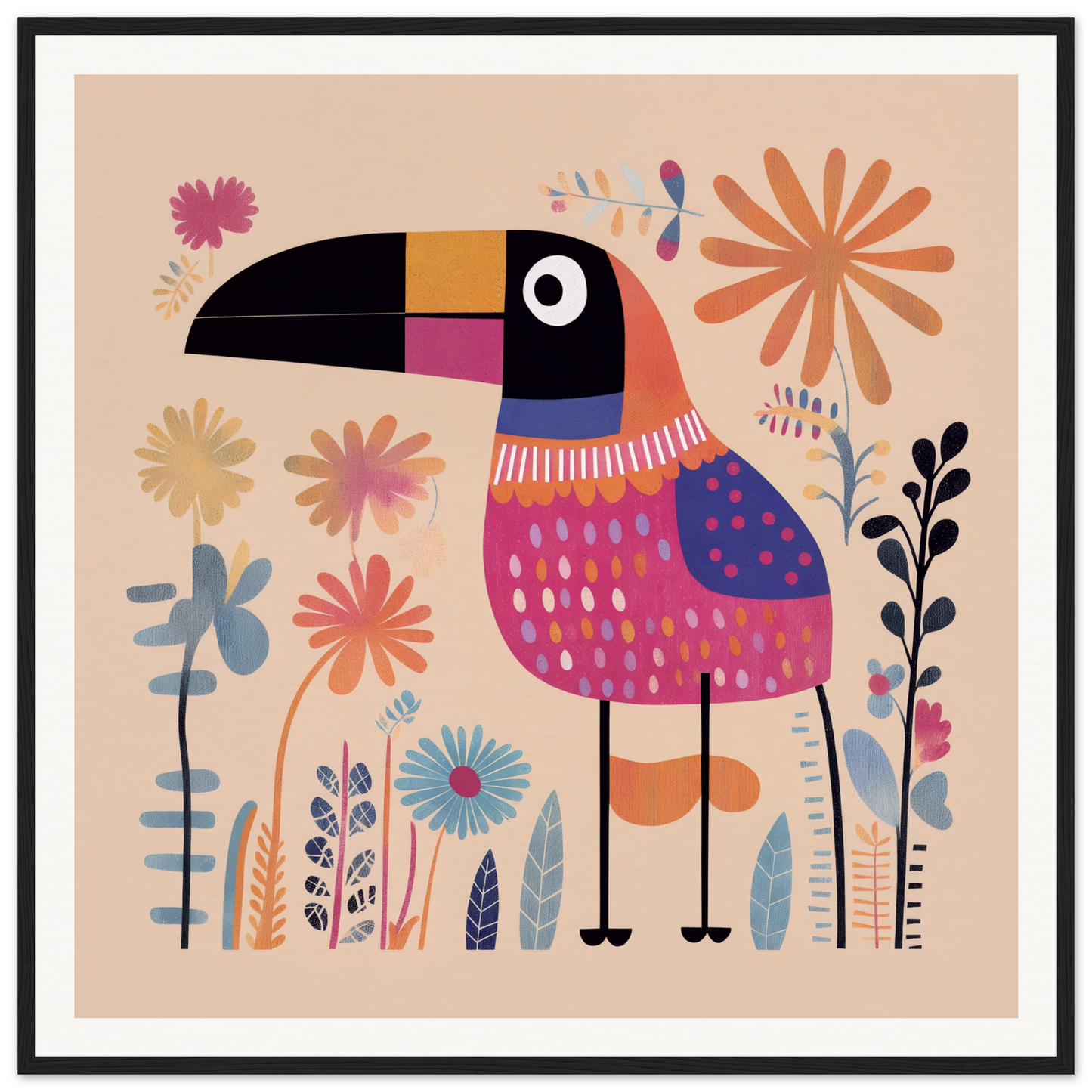 Colorful toucan in a sweater among flowers, featured in Paradise Feathers Quake