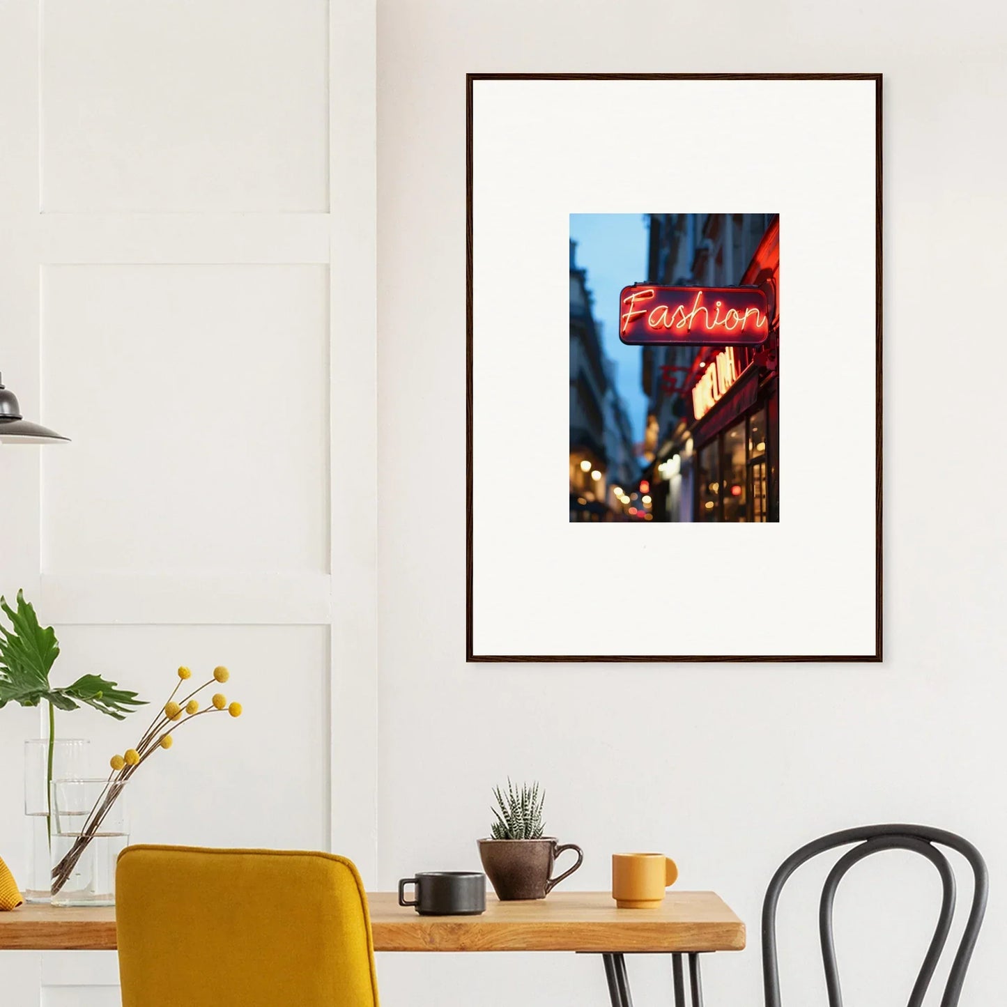 Framed wall art of a neon Fashion sign, perfect for stylish room decor in a city setting