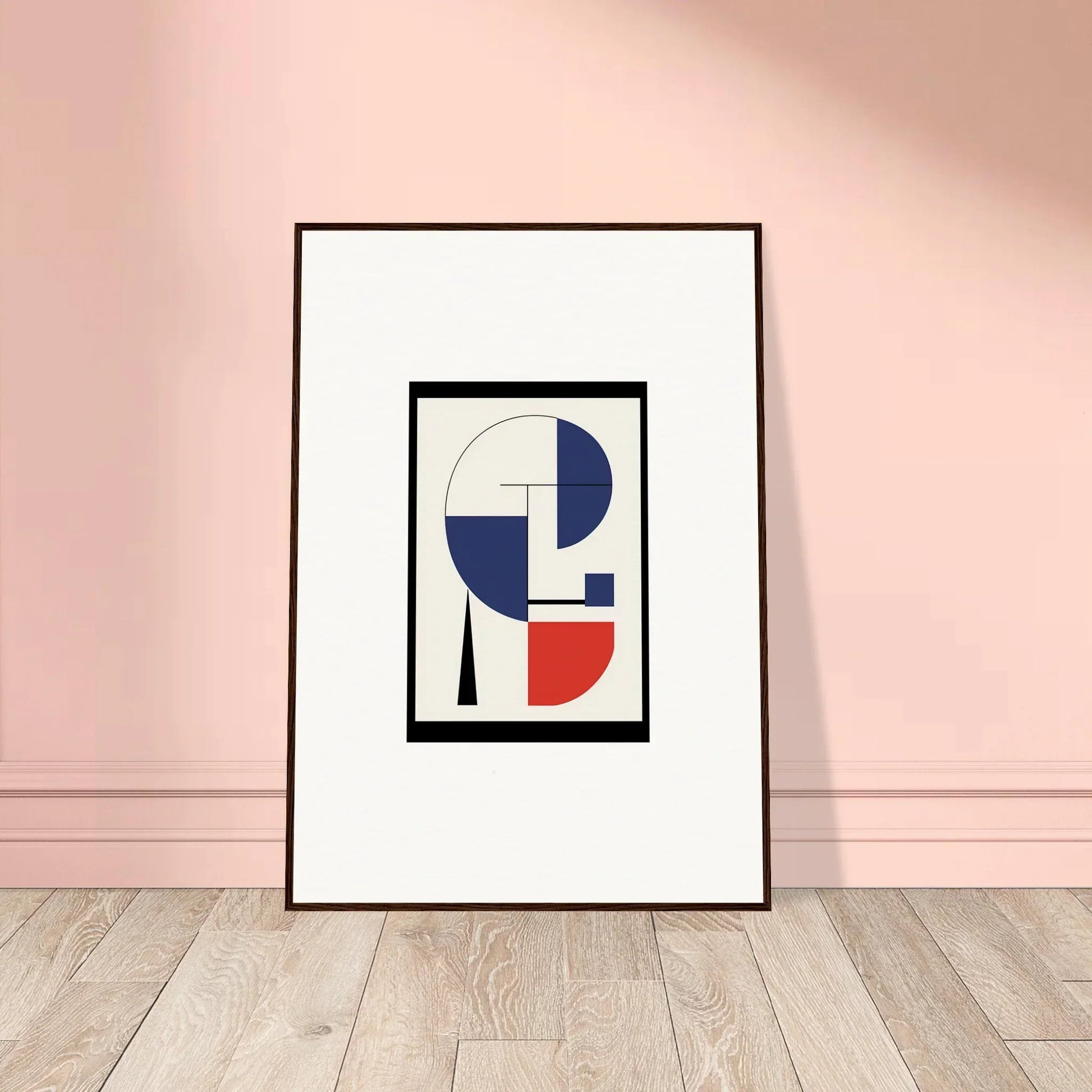 Framed wall art of abstract geometric shapes in blue, red, and white for chic room decor