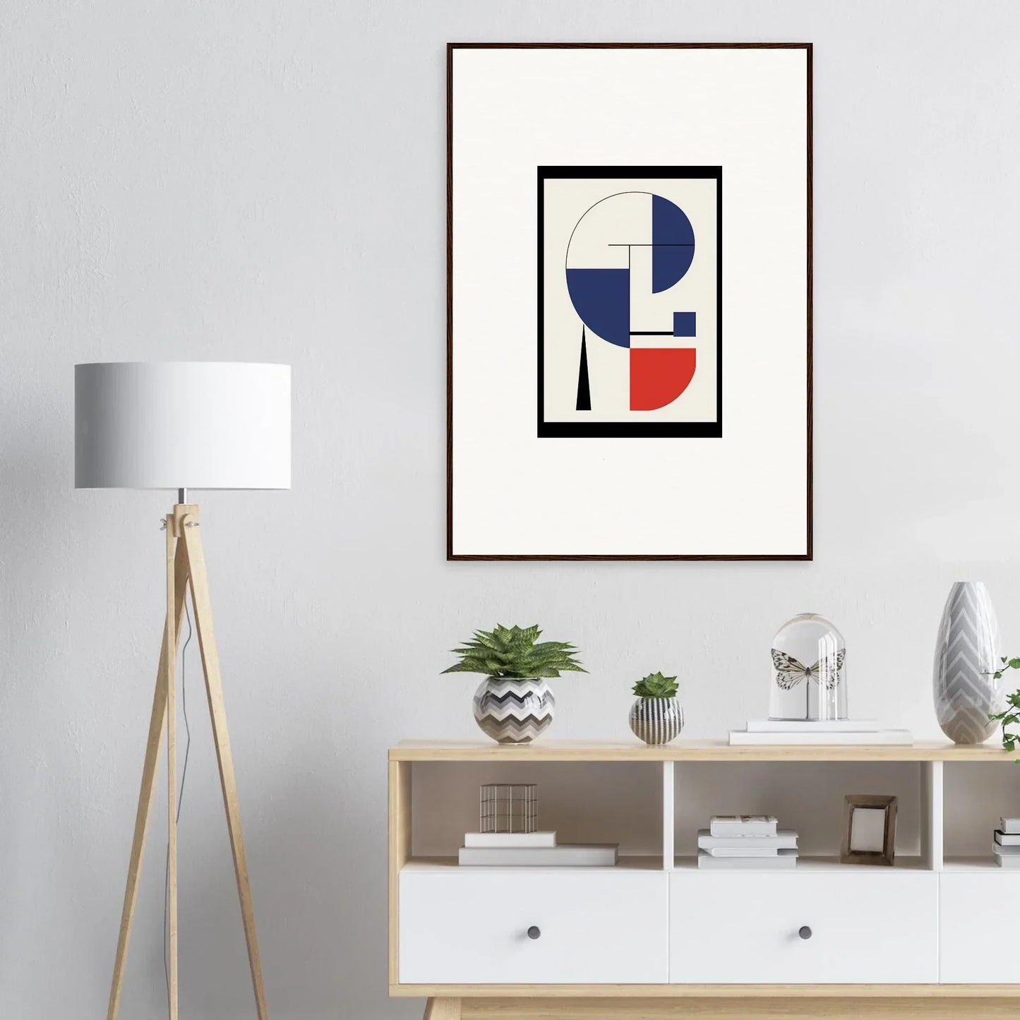 Abstract geometric artwork in blue, red, and white for stylish room decor, Prism Mirage