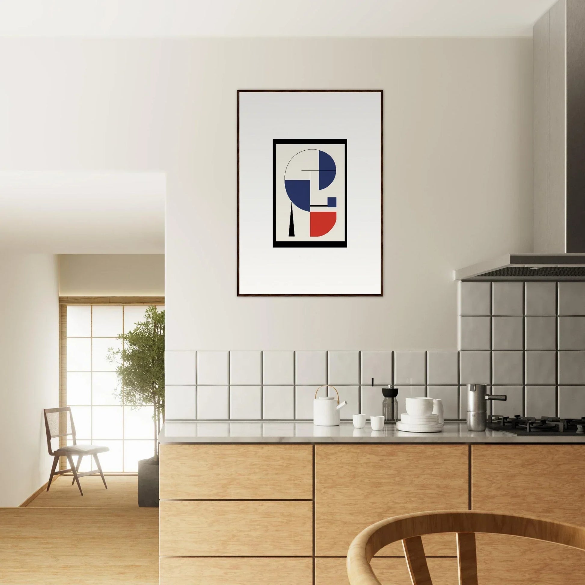 Abstract geometric framed wall art with blue, red, and white shapes for room decor