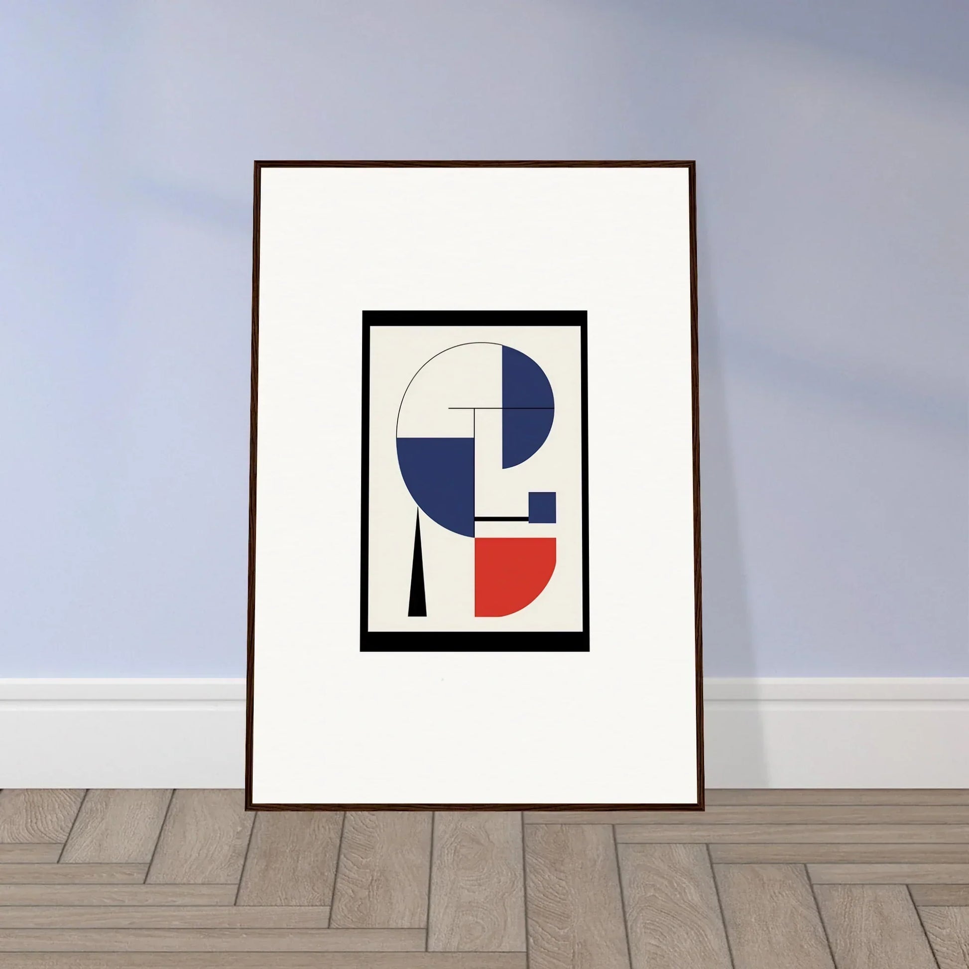 Framed abstract geometric artwork in blue, red, and black for stylish room decor