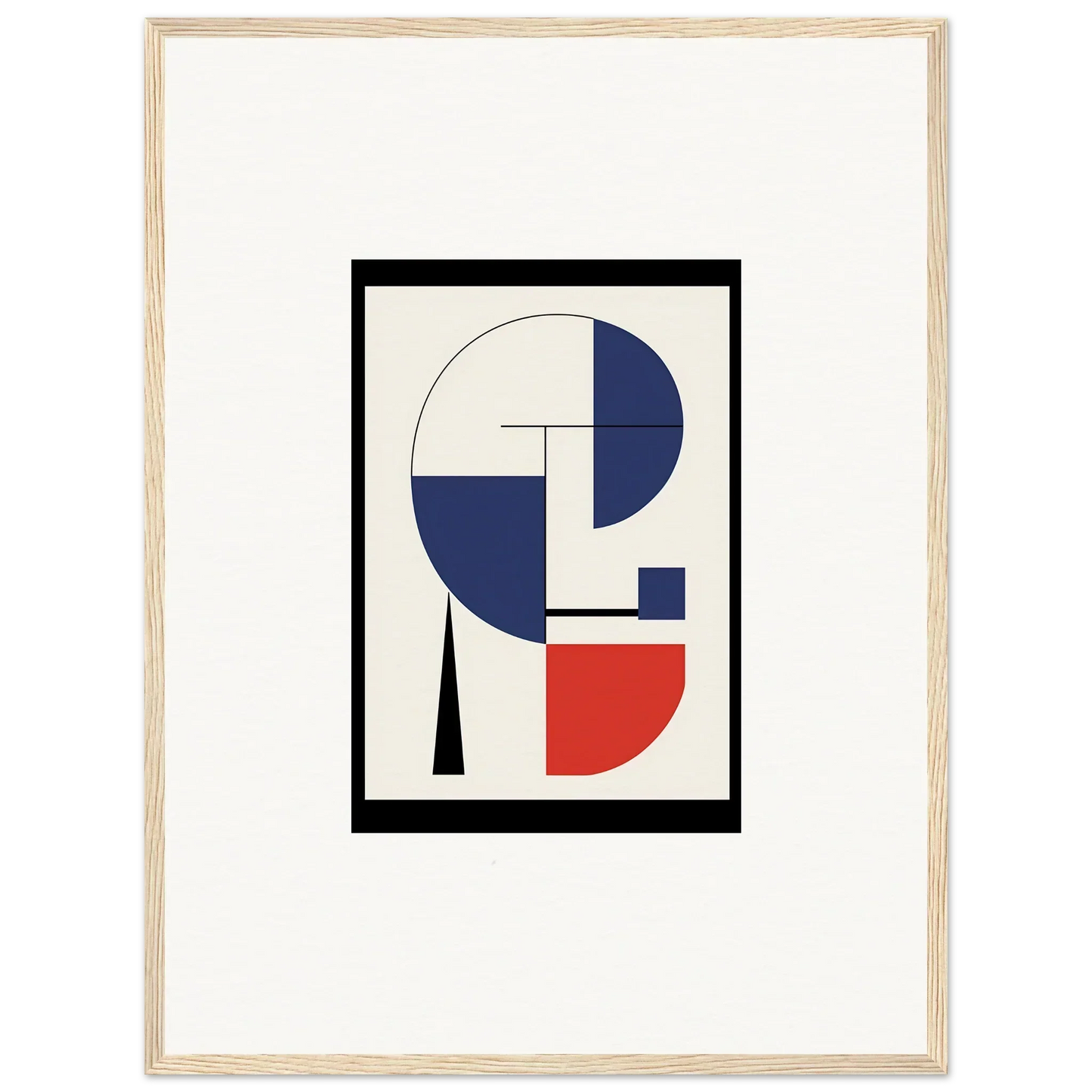 Abstract geometric framed wall art featuring blue, red, and white shapes for room decor