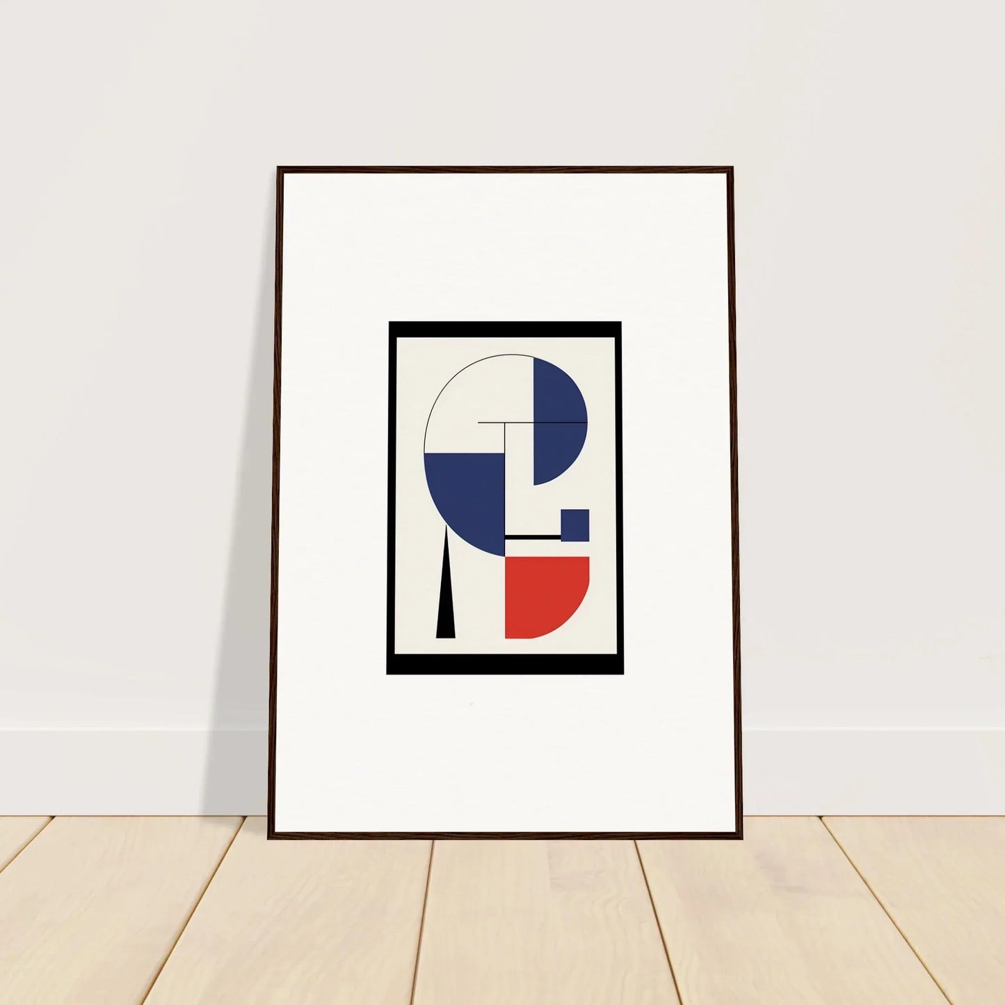 Framed abstract geometric artwork in blue, red, and white for stylish room decor