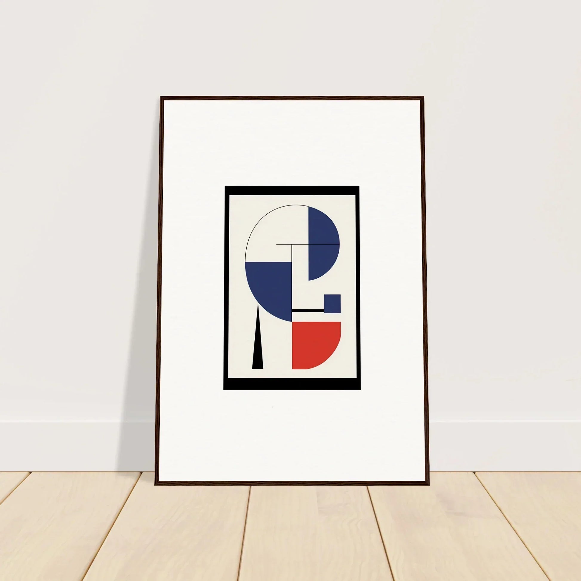 Framed abstract geometric artwork in blue, red, and white for stylish room decor