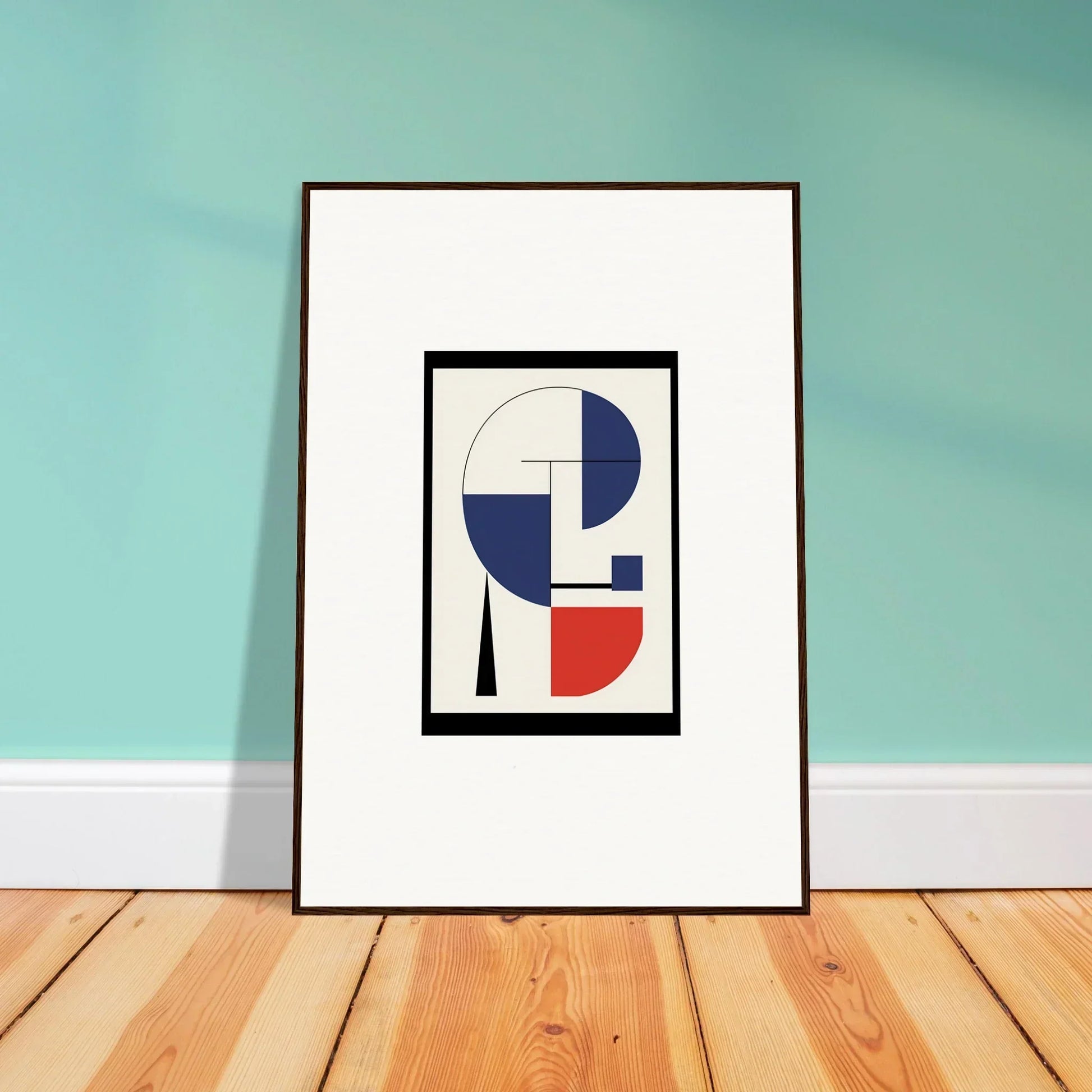 Framed wall art featuring geometric circles and triangles in blue, red, and white