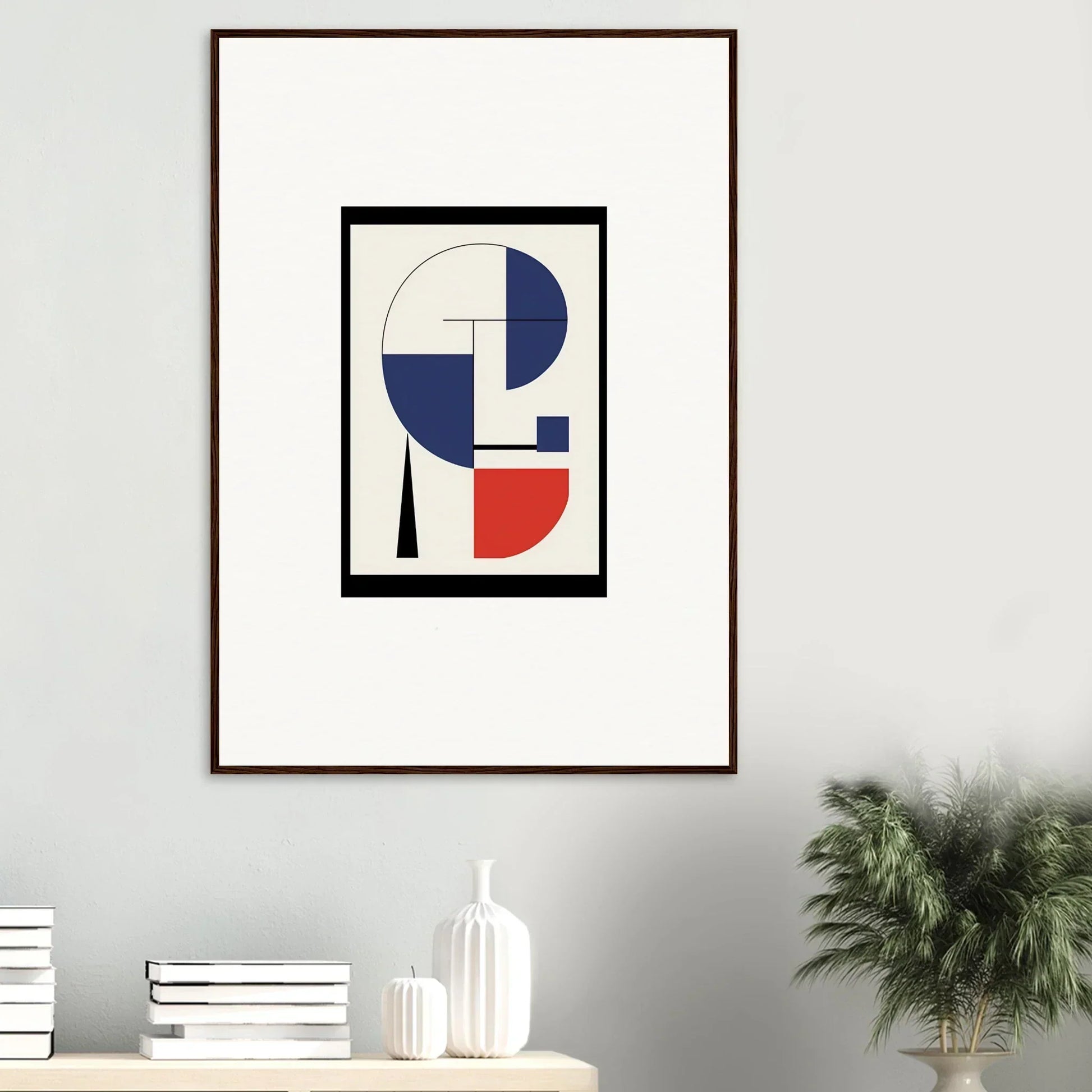 Abstract geometric artwork with blue, white, red sections and a triangle for prism mirage room decor