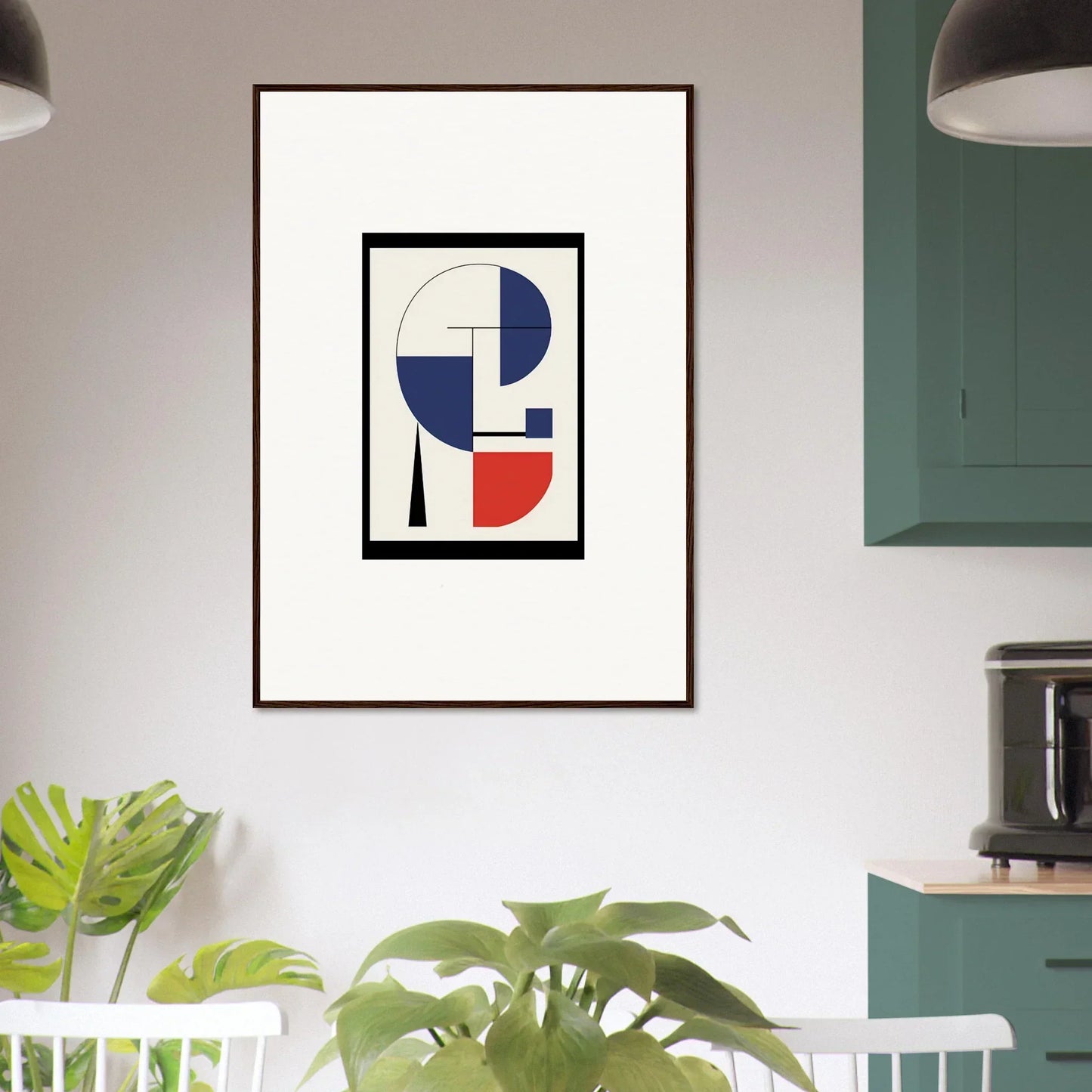 Abstract geometric artwork with blue, red, and black shapes for Prism Mirage room decor