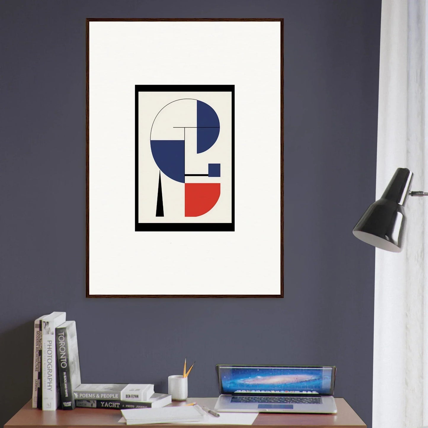 Abstract geometric artwork in blue, red, and white for Prism Mirage room decor