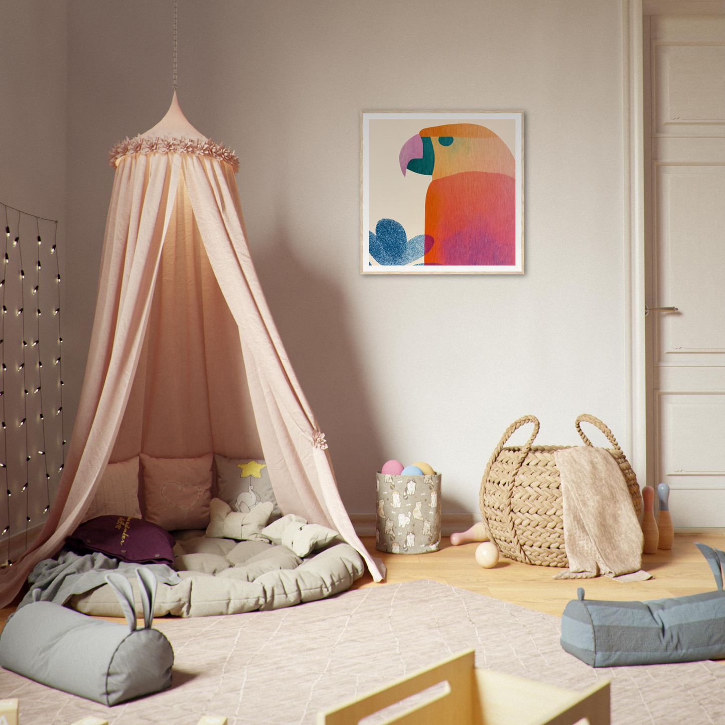 Pink canopy tent with cushions and bedding for Parrot’d Jazz Dreaming special edition art™